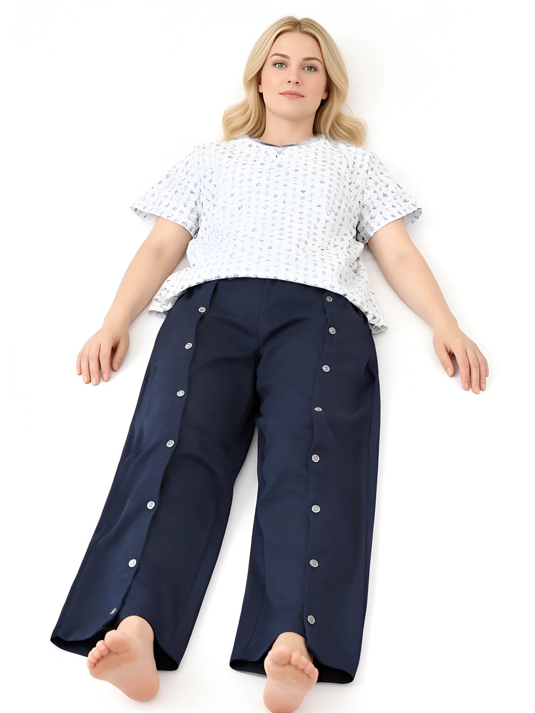 Women's plus size medical care trousers with double side buttons for easy dressing