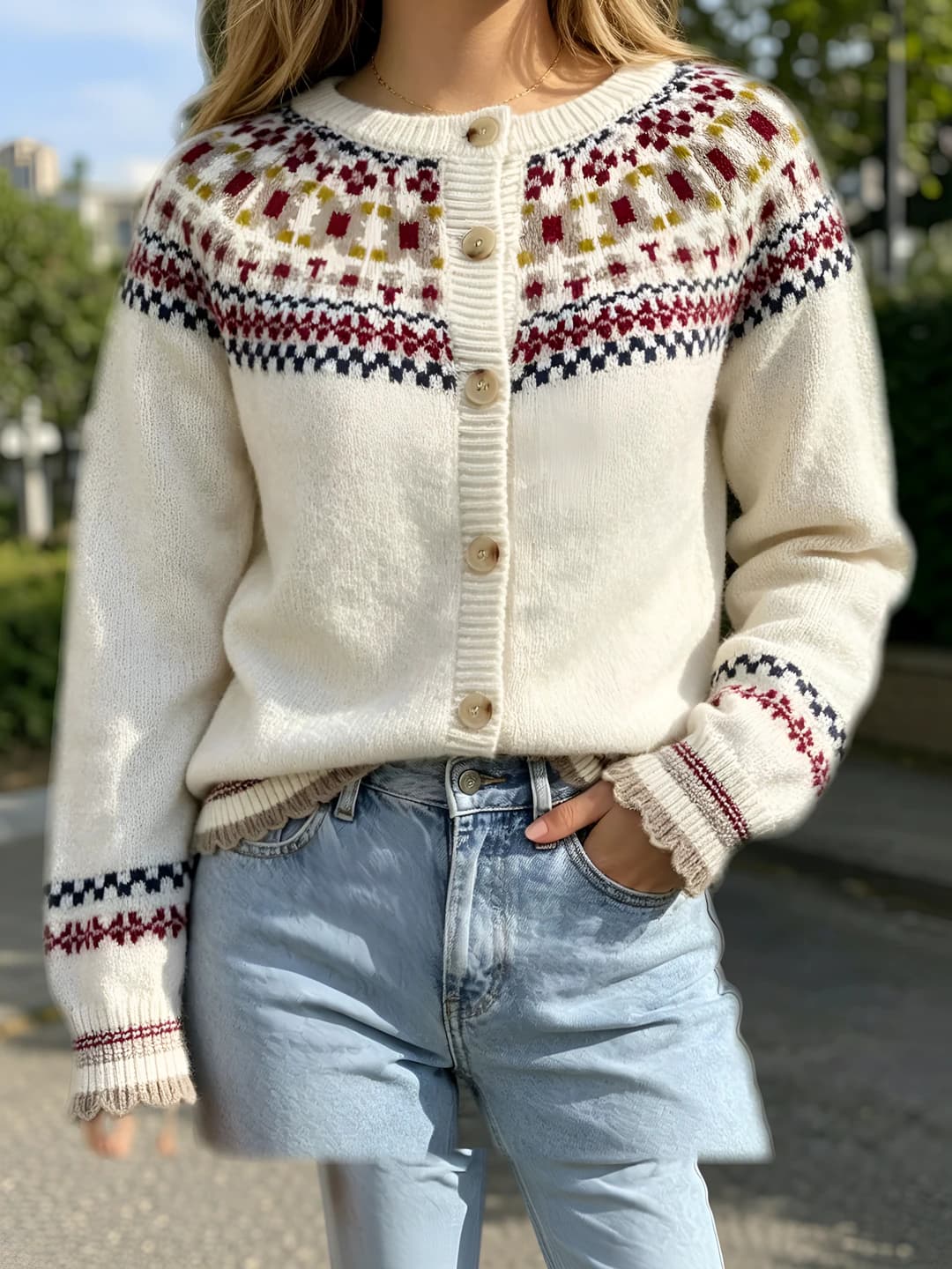 Ayollar uchun trikotaj kardigan: kuz-qish, dumaloq yoqa, uzun yeng, bo'sh (oversize), retro, etnik uslub