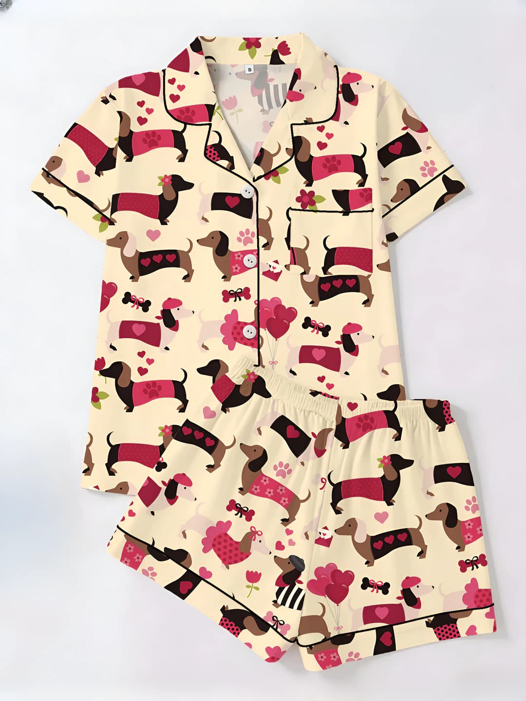 Women's printed pajama set: thin fabric, short sleeve and shorts, loungewear