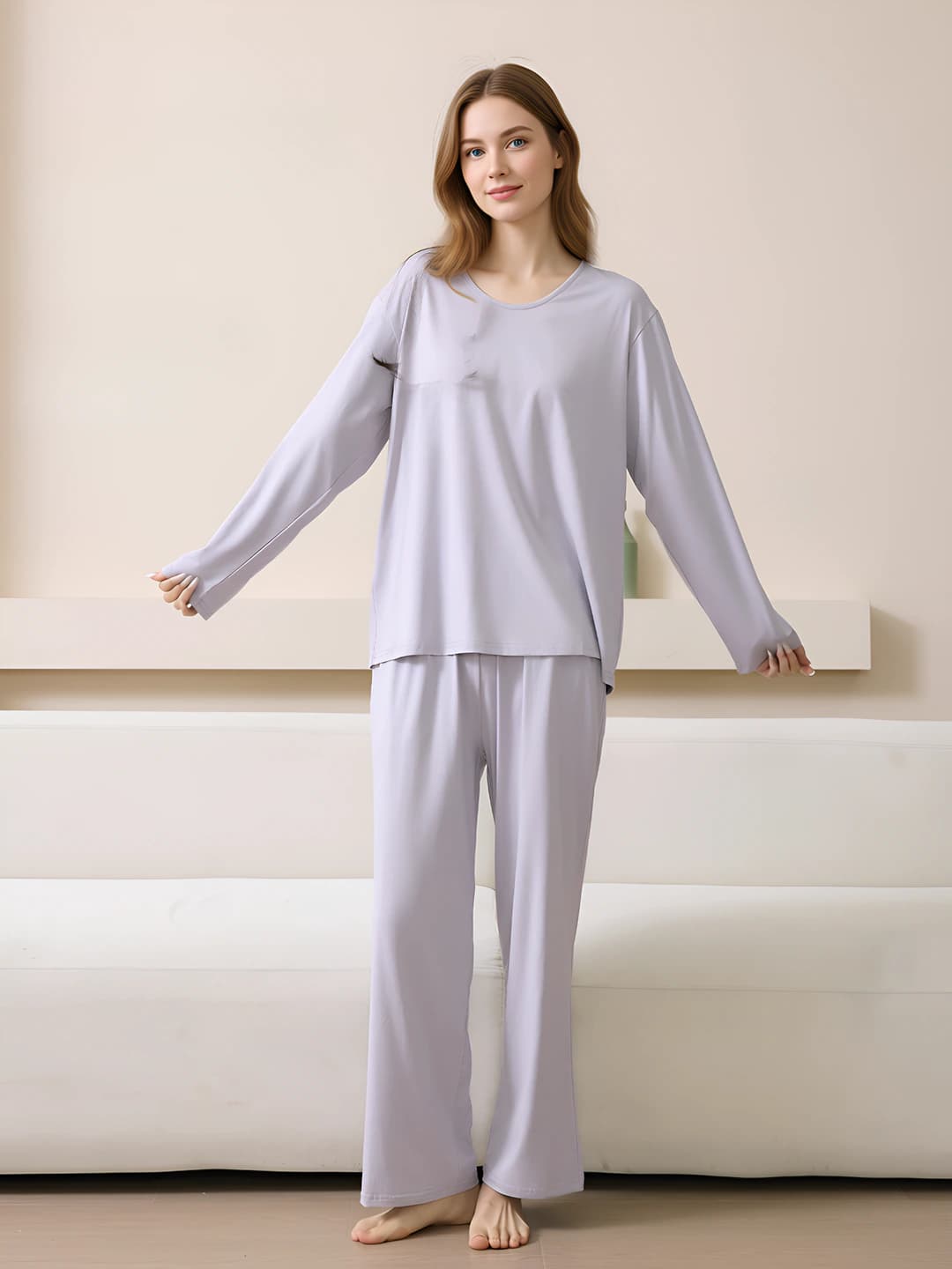 Ayollar uchun A toifa lyosell pijama to'plami, 10A darajadagi antibakterial, dumaloq yoqa, uzun yeng, uzun shim, yupqa, bir rangli, kundalik uy kiyimi