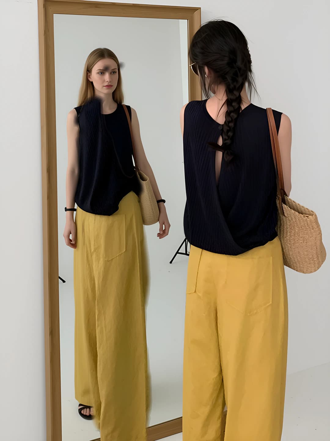 Women's ice-silk fabric strap knit top, slim fit, slimming, sleeveless, for summer