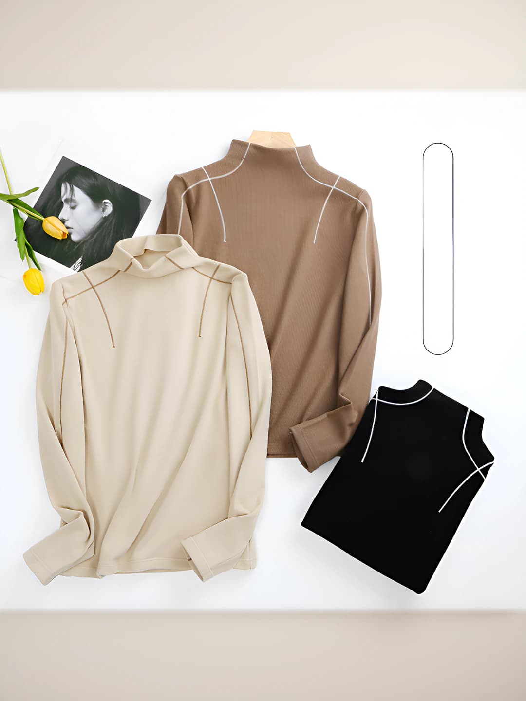 Women's thermal underwear top: mock neck, fleece-lined, thickened, warm, long sleeve, solid colour, acrylic and other fabrics