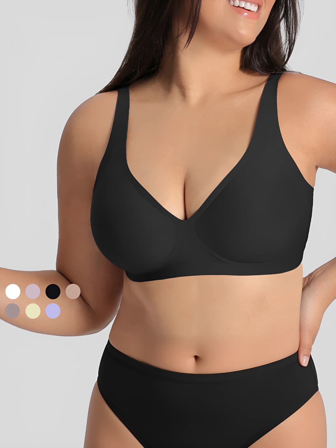 Women's plus size seamless bra, cups, wire-free, soft support, breathable, moisture-wicking, side control, minimizes large bust