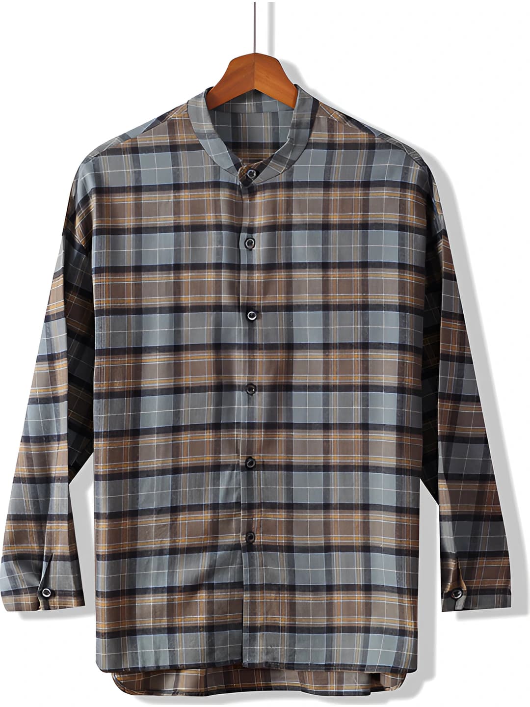 Women's spring-autumn checked stand collar long sleeve loose fit shirt, plus size