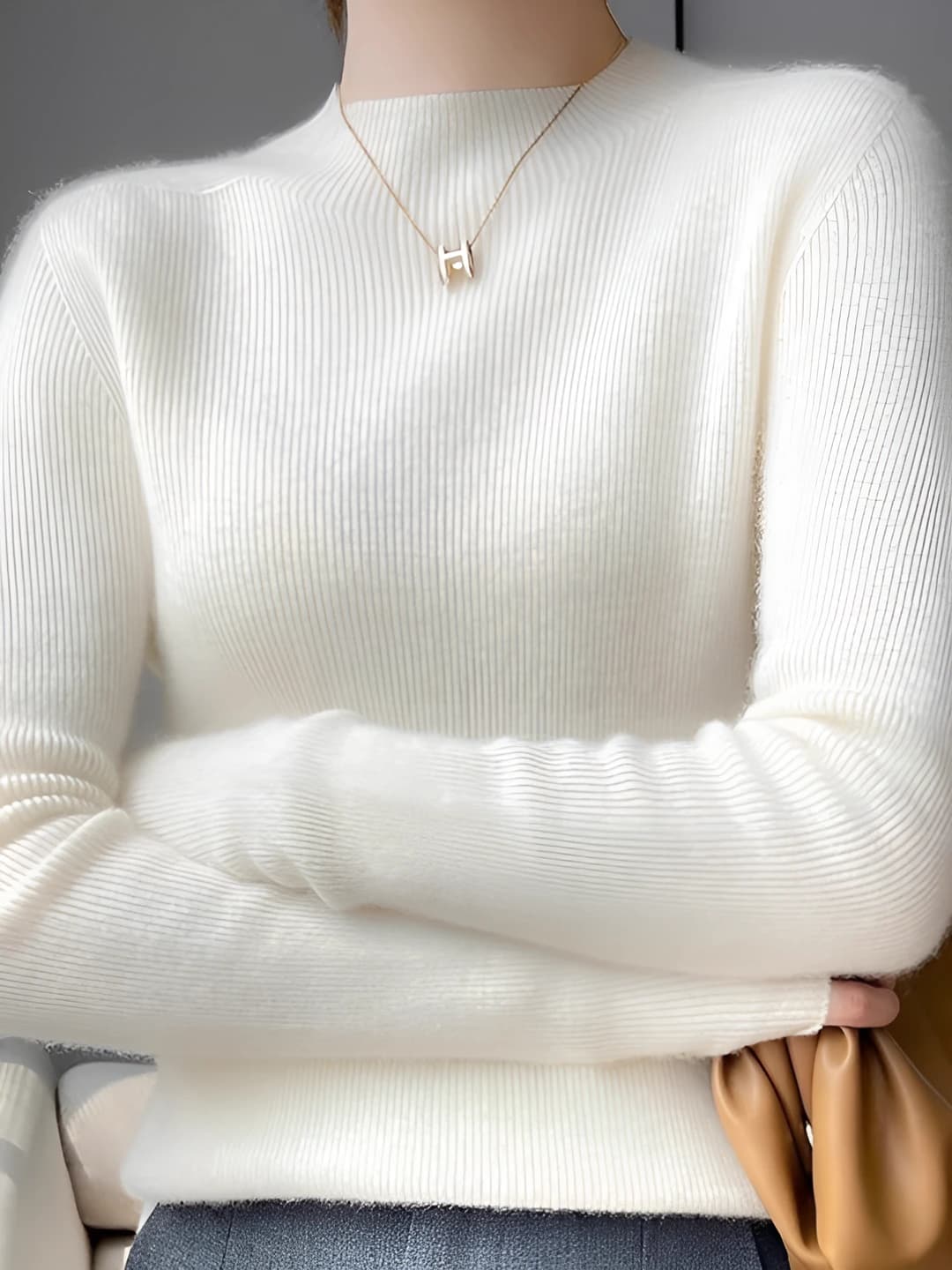 Women's Korean style 2026 autumn-winter solid colour mock neck slim fit long sleeve knitted pullover sweater
