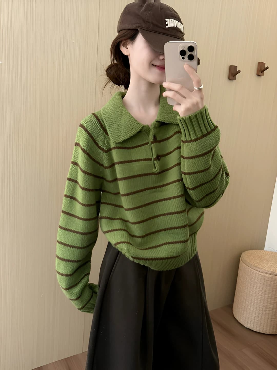 Women's autumn-winter retro striped polo collar loose fit knit sweater, slimming, long sleeve, thick