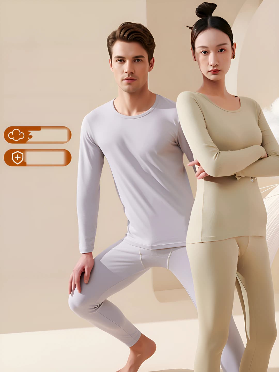 Women's all-cotton thermal underwear set: warm long-sleeve base top and trousers, thin, stretch, solid colour, winter