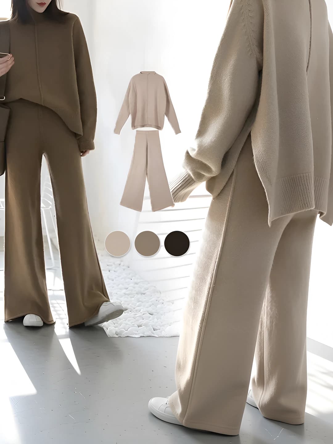 Women's knitted suit: slimming printed sweater and wide-leg trousers, long sleeve, autumn