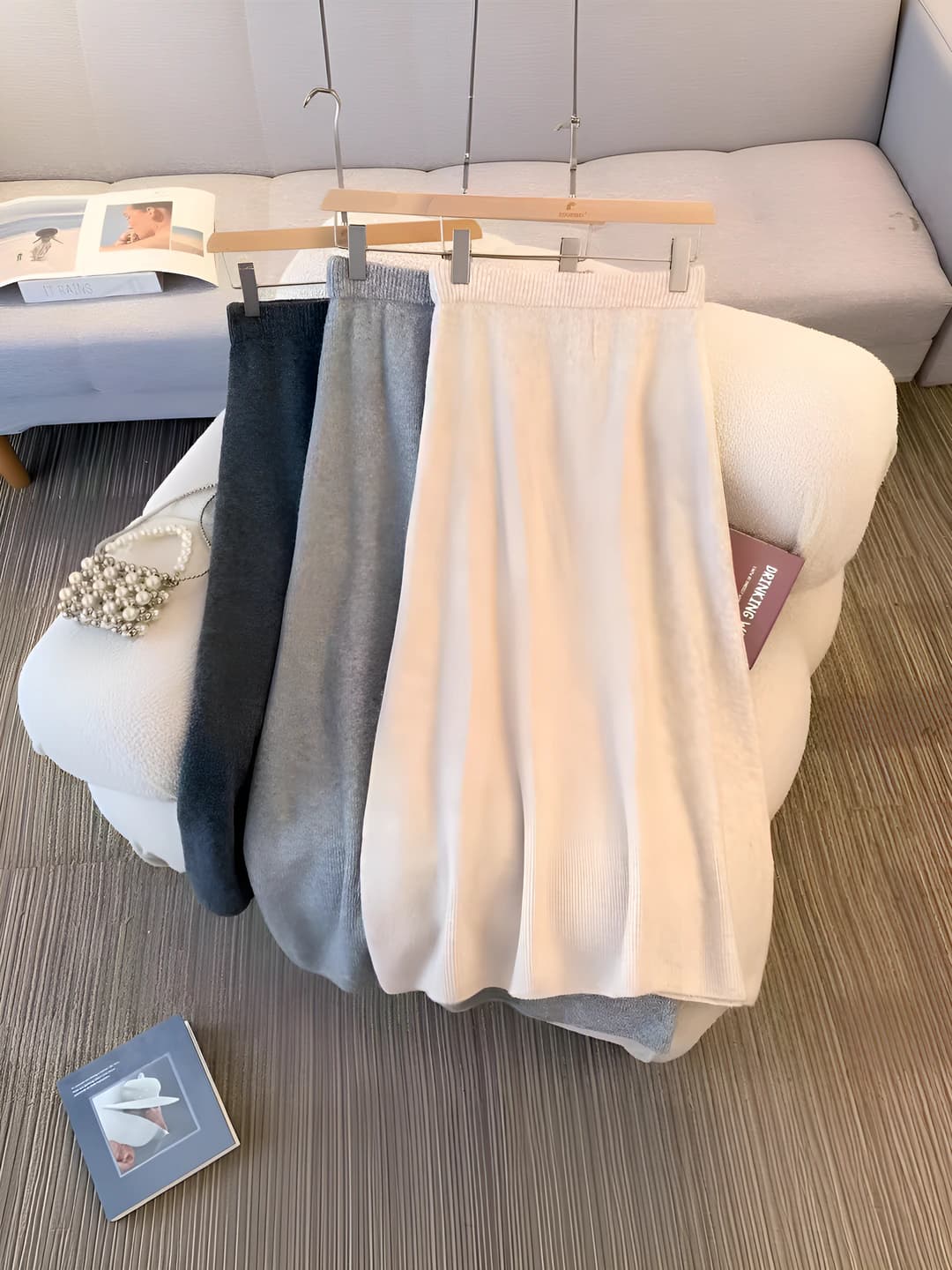 Women's wool A-line knit mid-length skirt, thickened, high waist, plus size, solid colour, autumn-winter