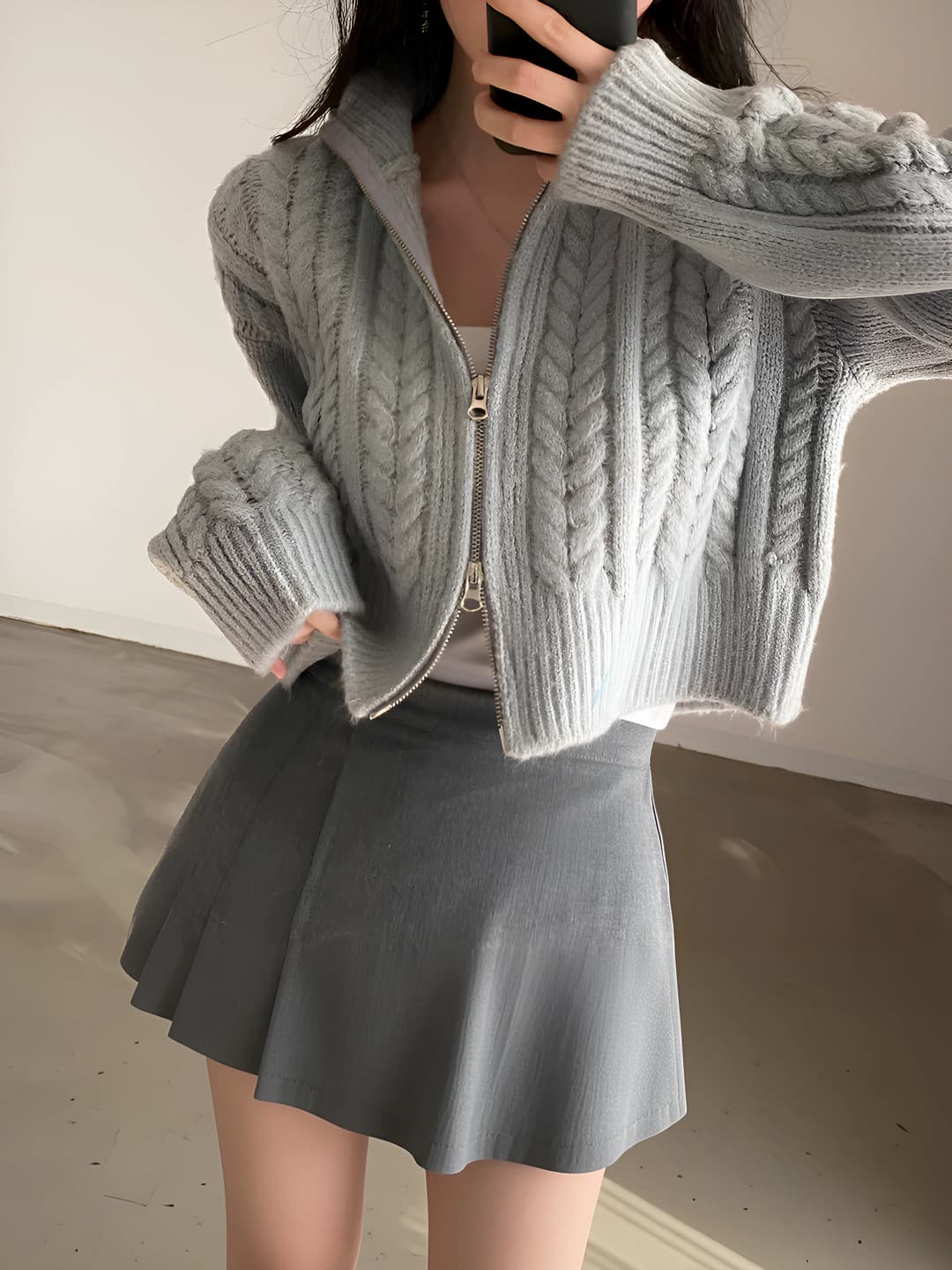 Women's autumn-winter retro cable knit cardigan with zip, lapel collar, long sleeve, cropped