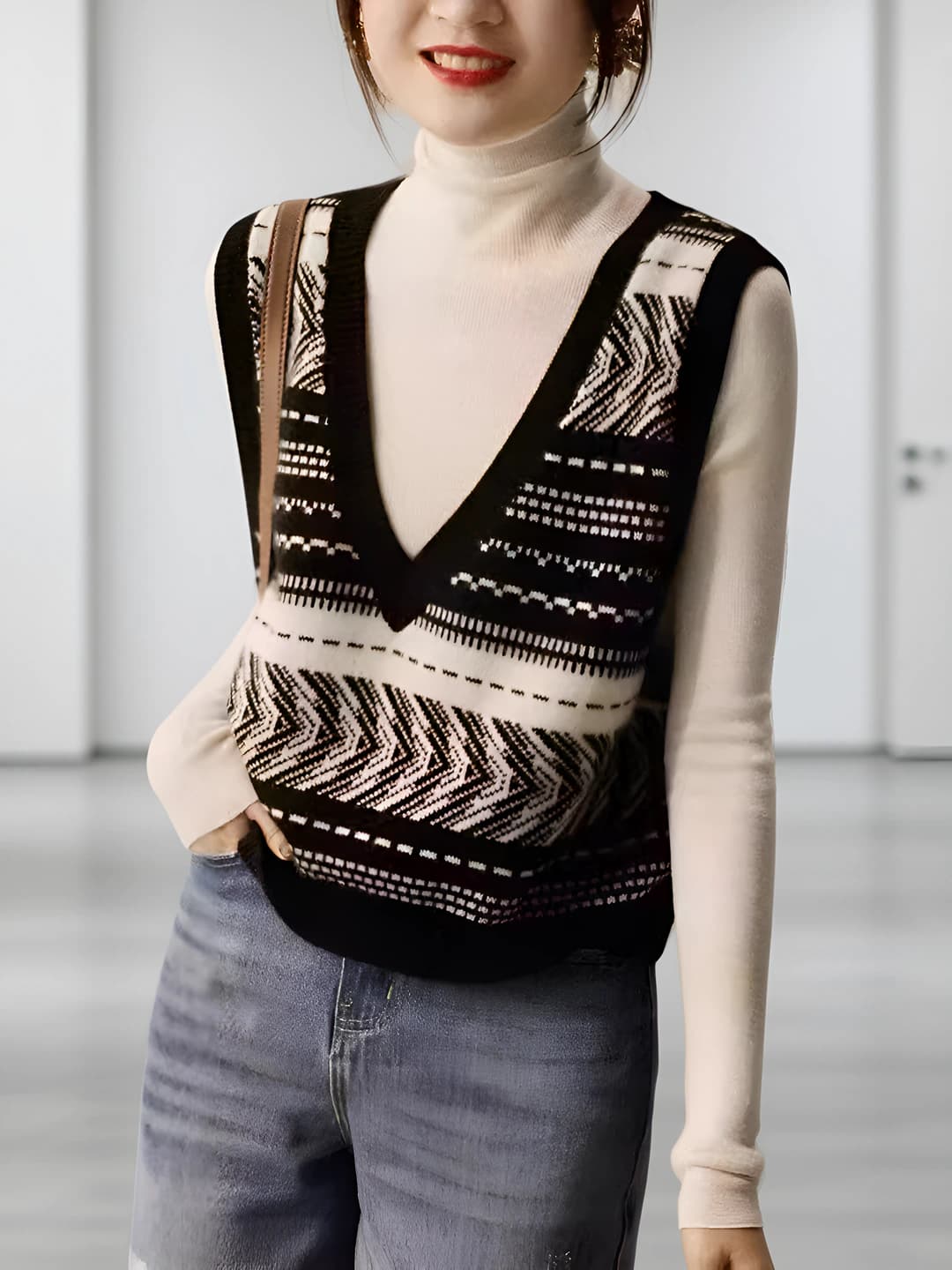 Women's striped knit vest, V-neck, sleeveless, slim fit, spring-autumn