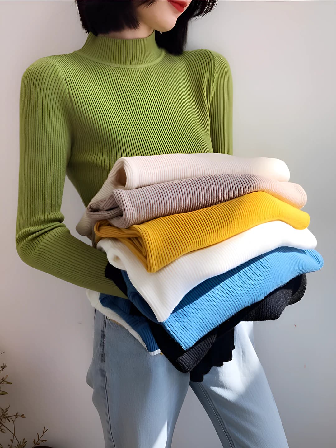 Women's mock neck ribbed knit top, slim fit, long sleeve, spring-autumn, Korean style
