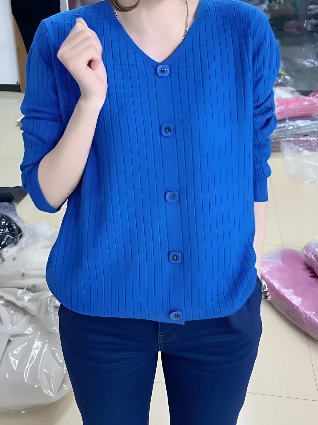 Women's 2026 spring-autumn plus size loose fit V-neck long sleeve knit cardigan
