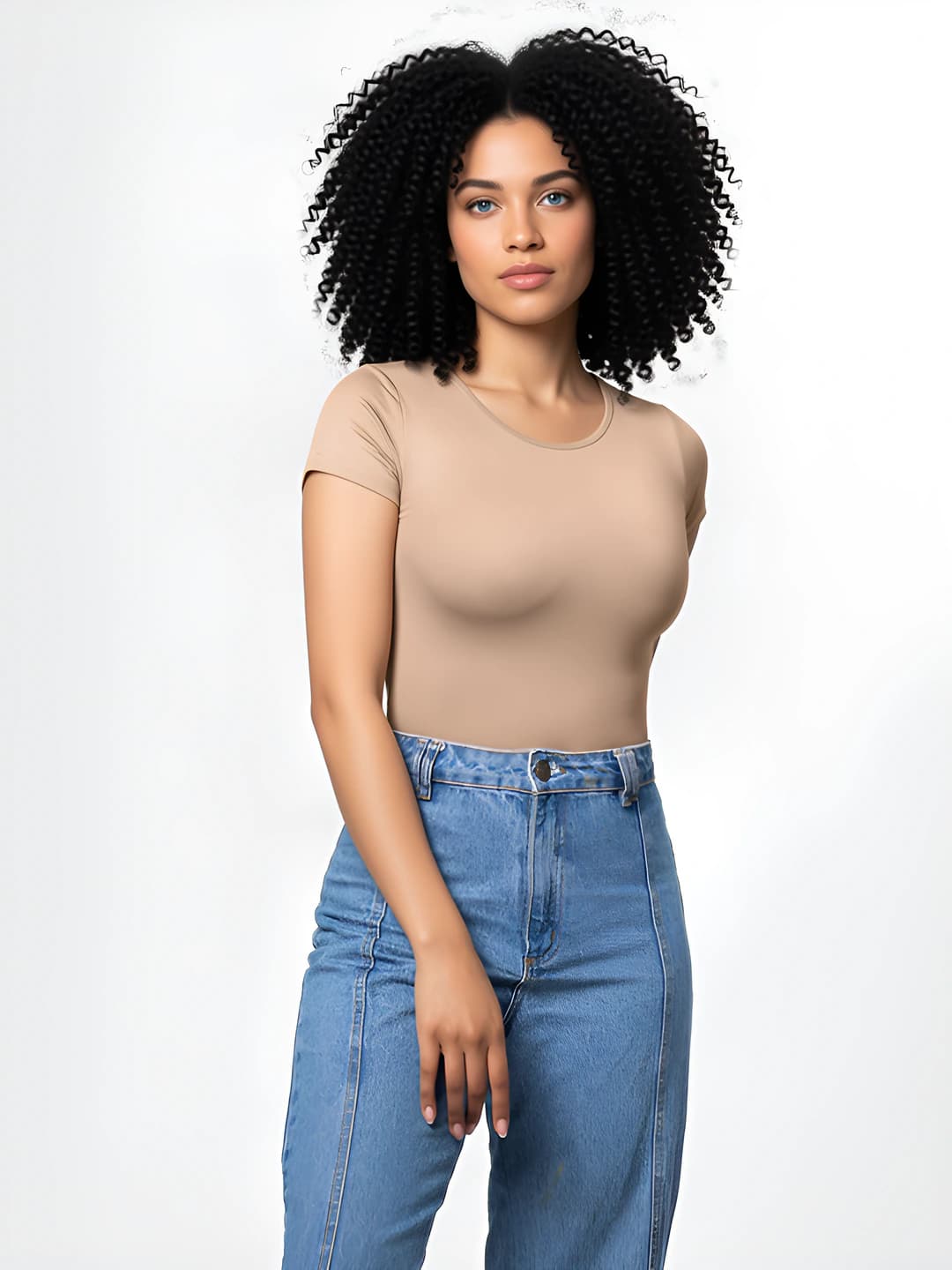 Women's summer bodysuit: crew neck, short sleeve, high waist, solid colour, stretch, medium thickness, 50-70% polyester and up to 30% cotton