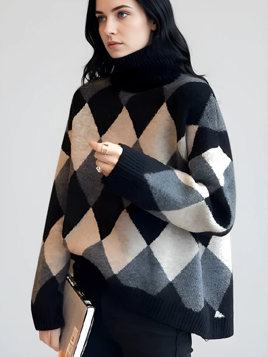 Women's high neck loose fit long sleeve 3D pattern retro style turtleneck for autumn-winter