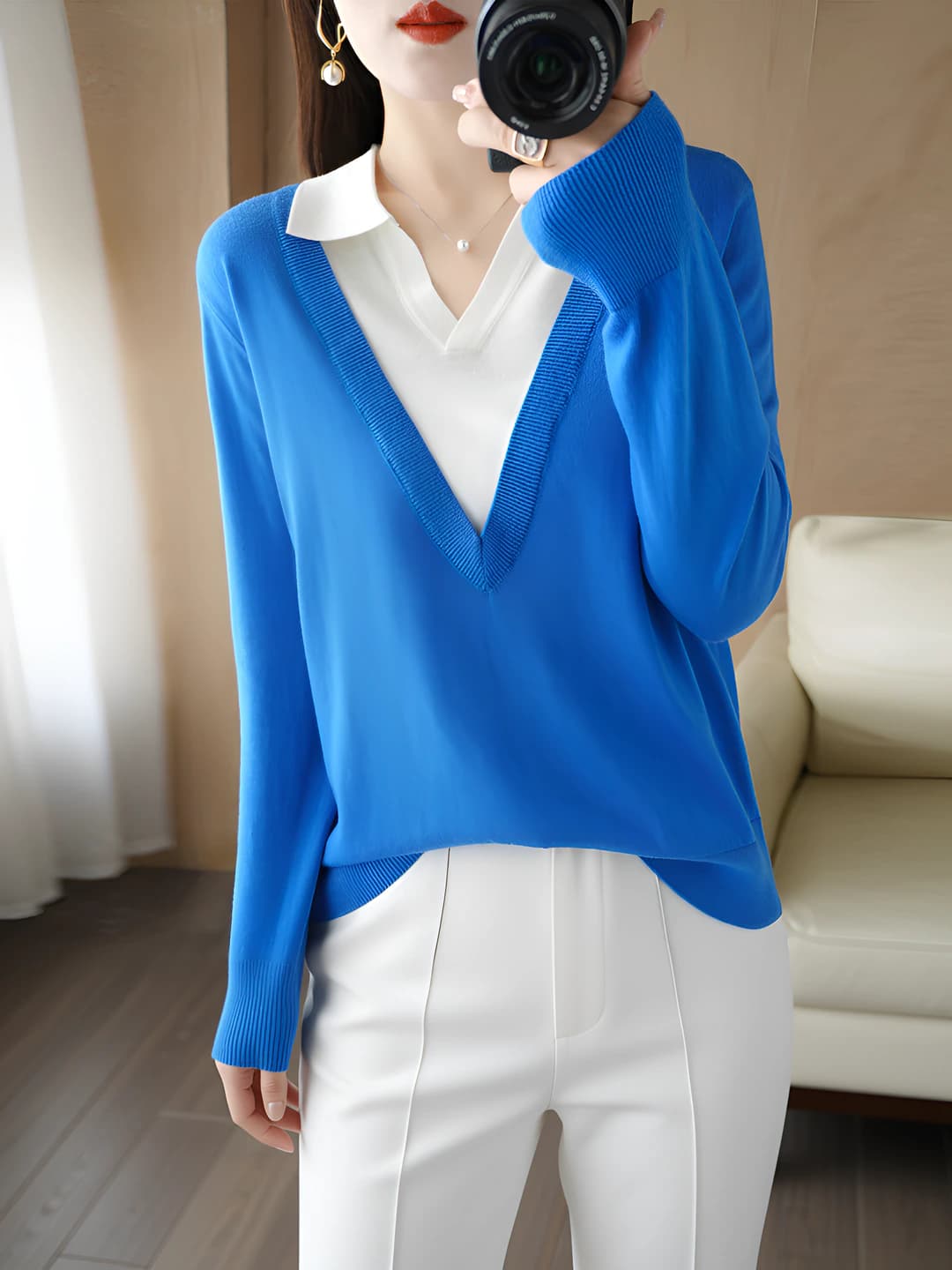 Women's long sleeve thin cropped sweater with POLO collar, loose fit, geometric pattern, autumn