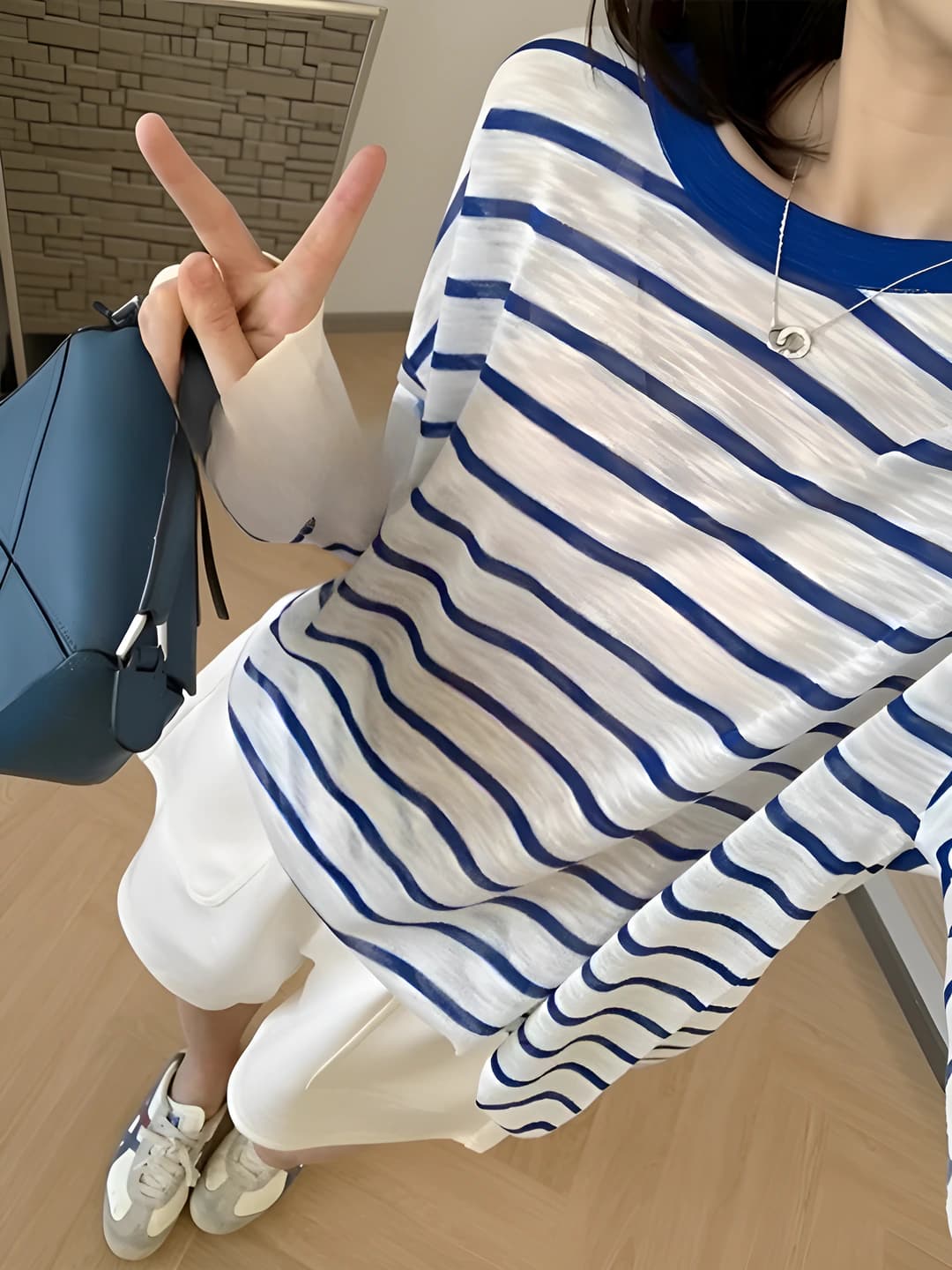 Women's long sleeve striped thin knit longsleeve, sun-protective, loose fit, crew neck, summer