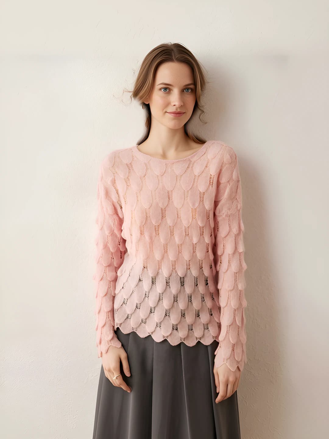 Women's thin knit top, Korean style, crew neck, long sleeve, loose fit, solid colour, sun-protective