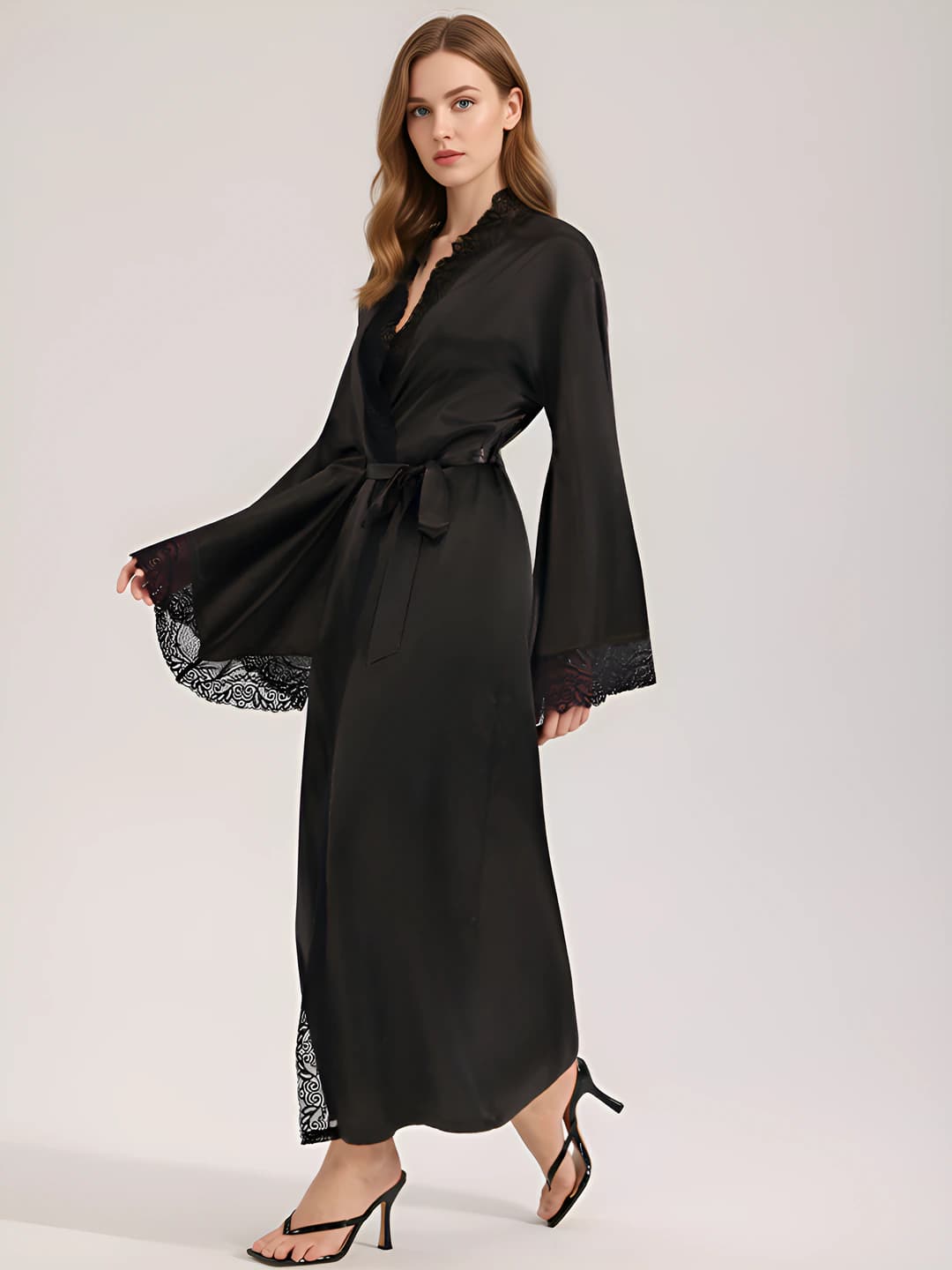 Women's black satin lace home robe, V-neck, spring-summer