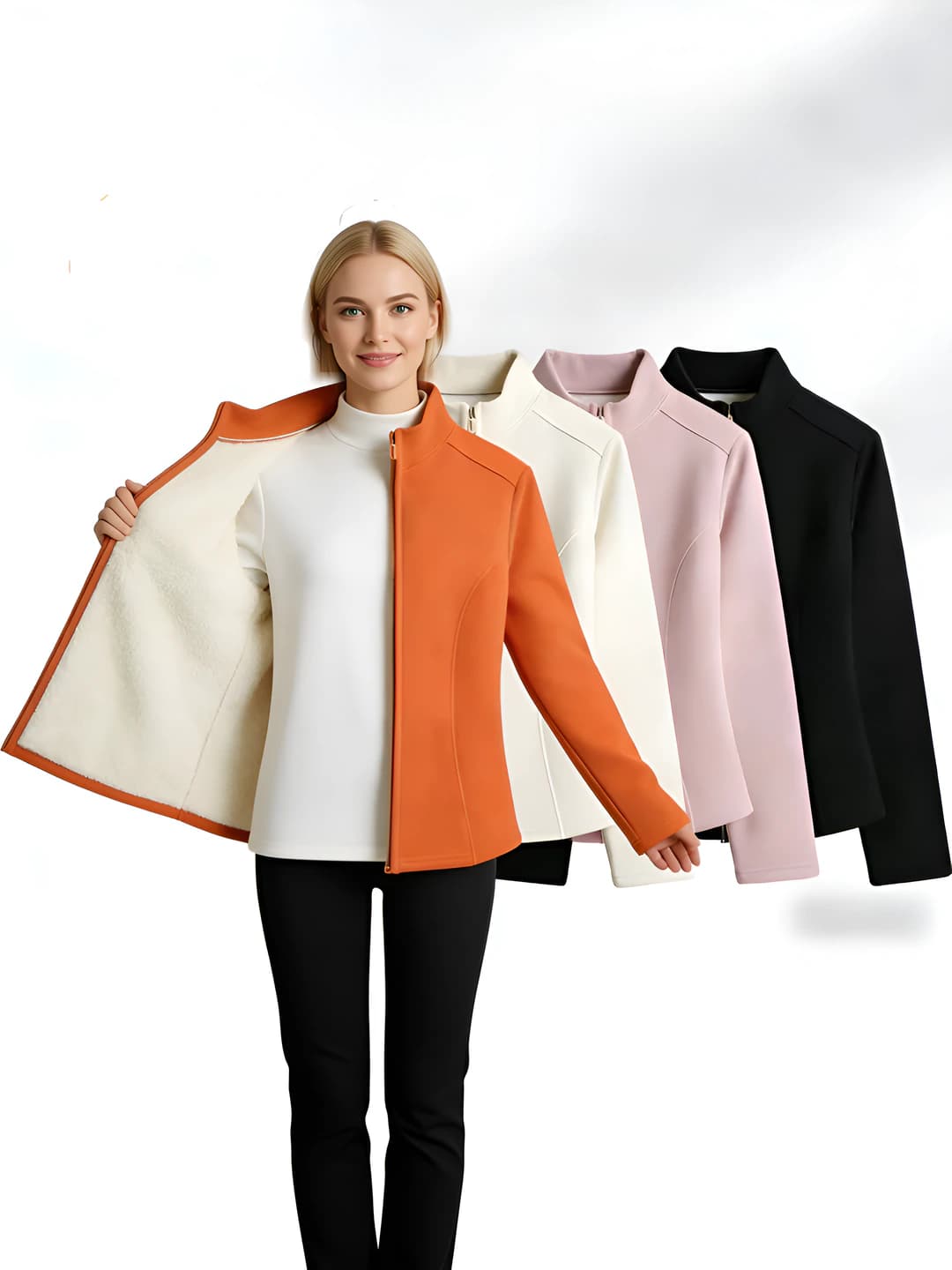 Women's fleece-lined, thickened, slim fit, stand collar, long sleeve, zip autumn-winter demiseason jacket