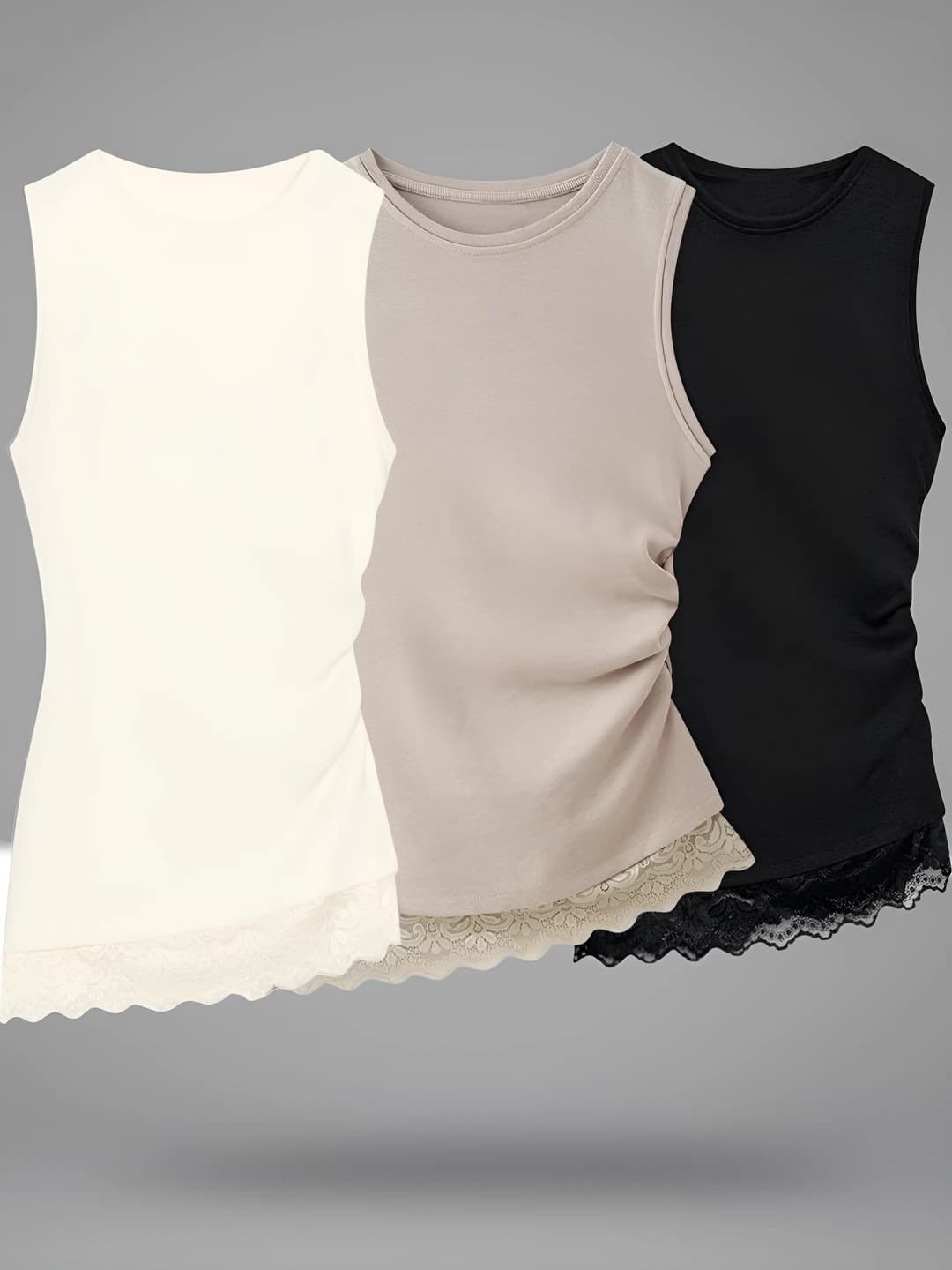 Women's sleeveless tank top: slim fit, crew neck, lace, solid colour, casual style
