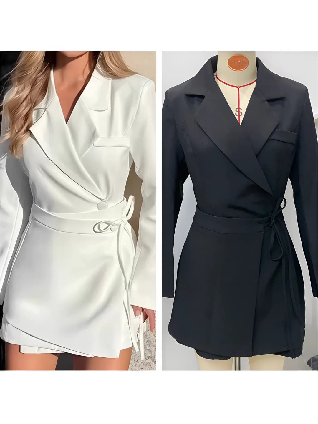 Women's blazer-style wrap dress set: solid colour, long sleeve, with A-line mini skirt, for winter, spring and autumn