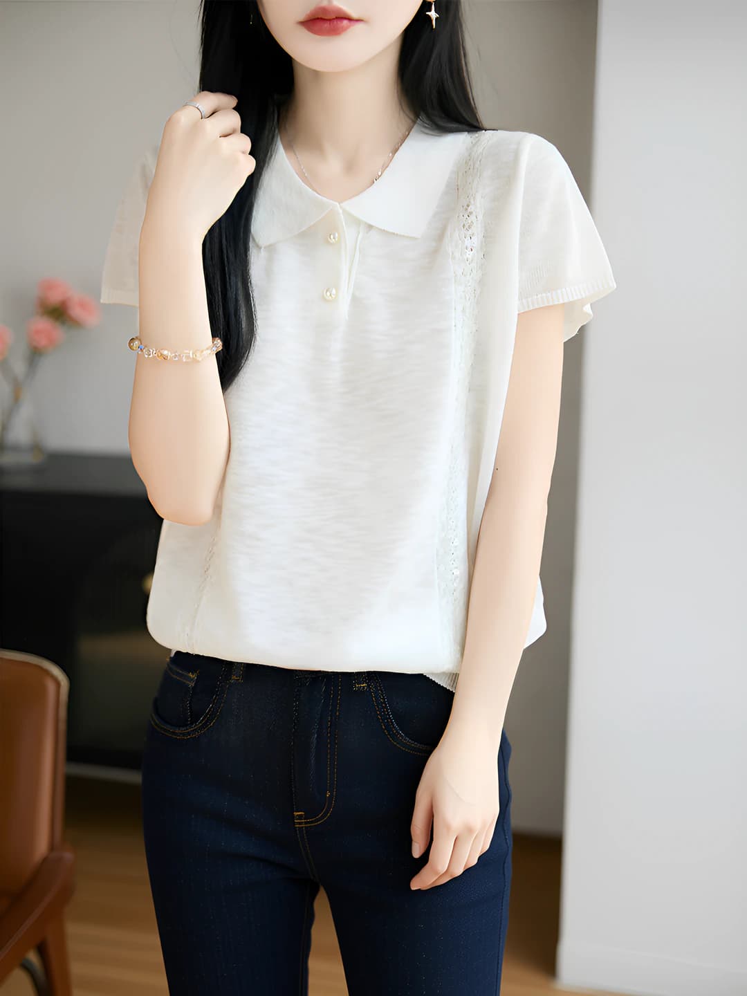 Ayollar uchun yozgi polo, kalta yengli trikotaj sviter, dumaloq yoqa, bir rangli, bo'sh (oversize) kesim