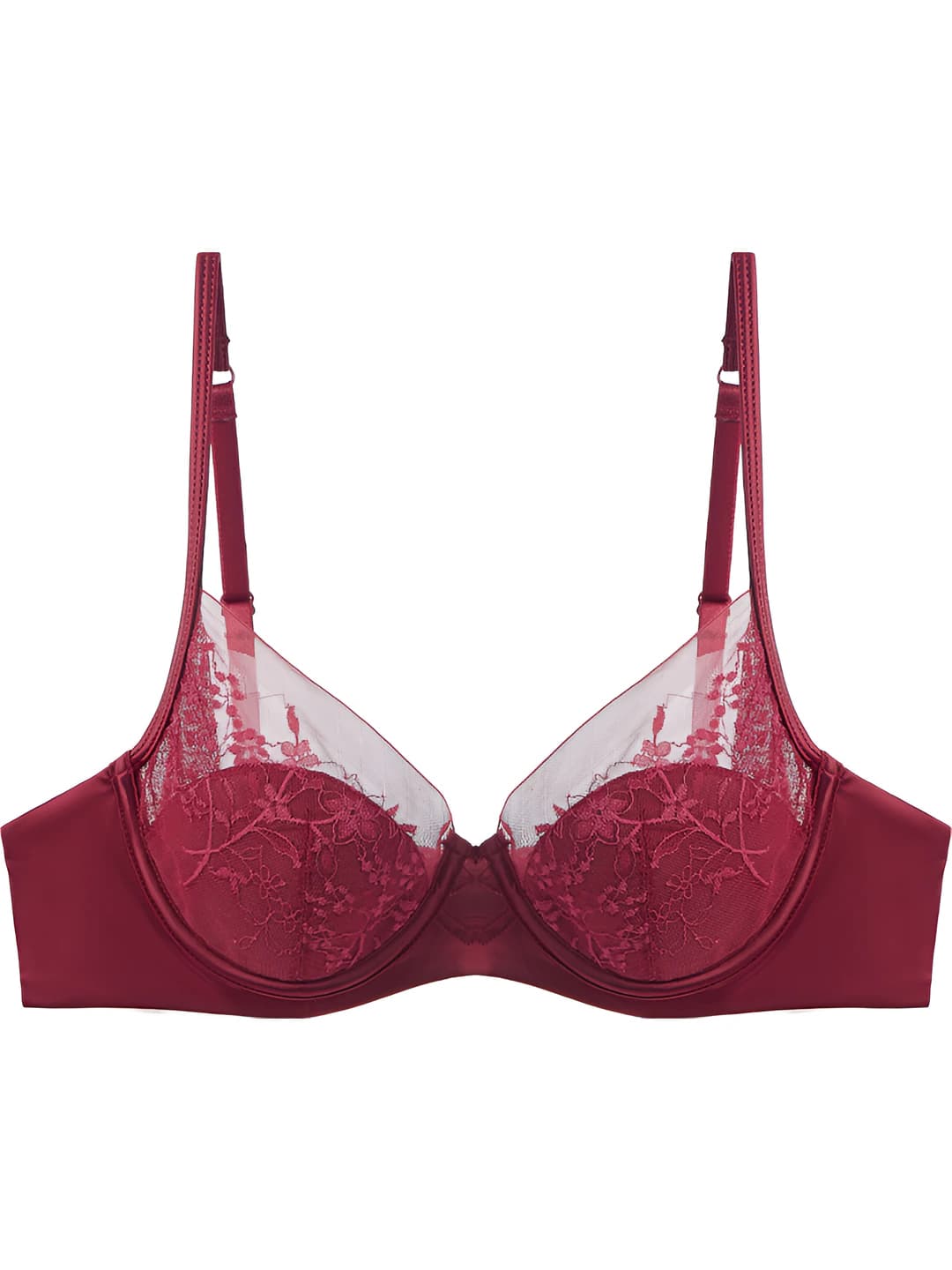Women's French style embroidered lace bra, thin, soft underwire, red, visually minimizes large bust