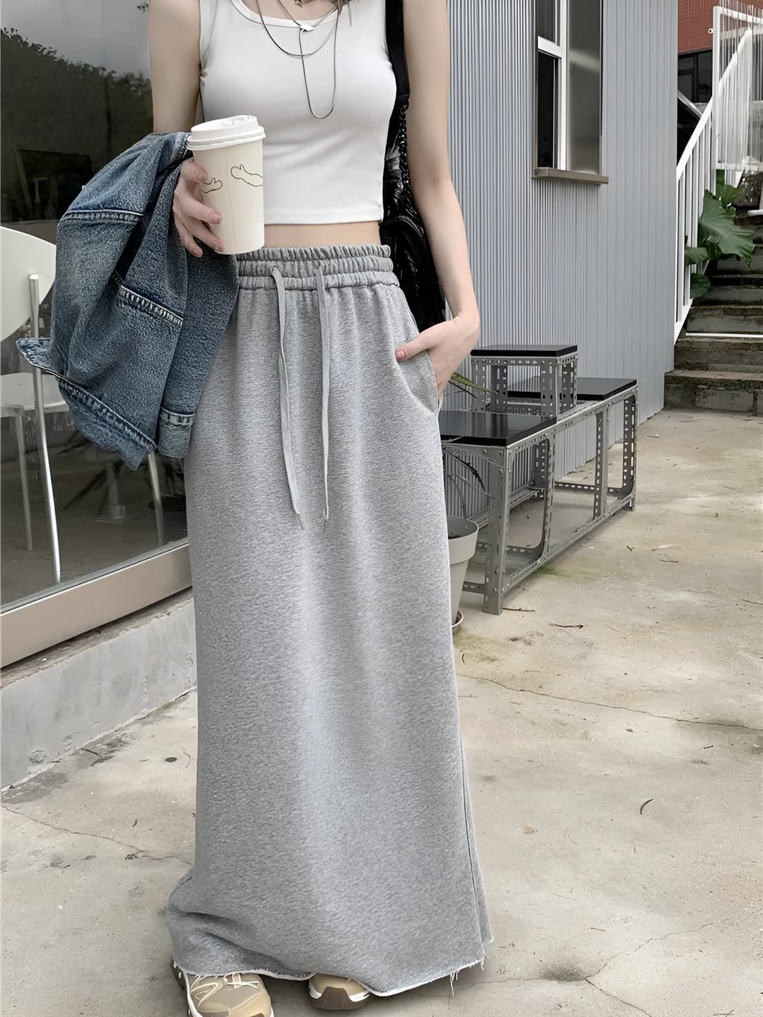 Women's mid-length A-line skirt solid colour high waist, summer casual style