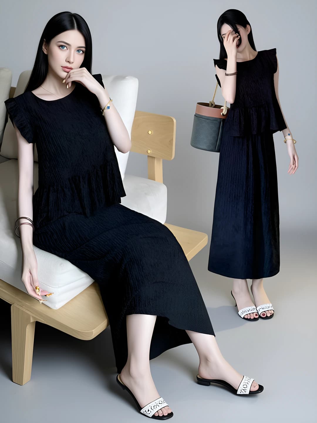 2026 весна-лето женский комплект одежды (топ и короткая юбка) в французском стиле, чёрный, свободный крой, без рукавов, повседневный