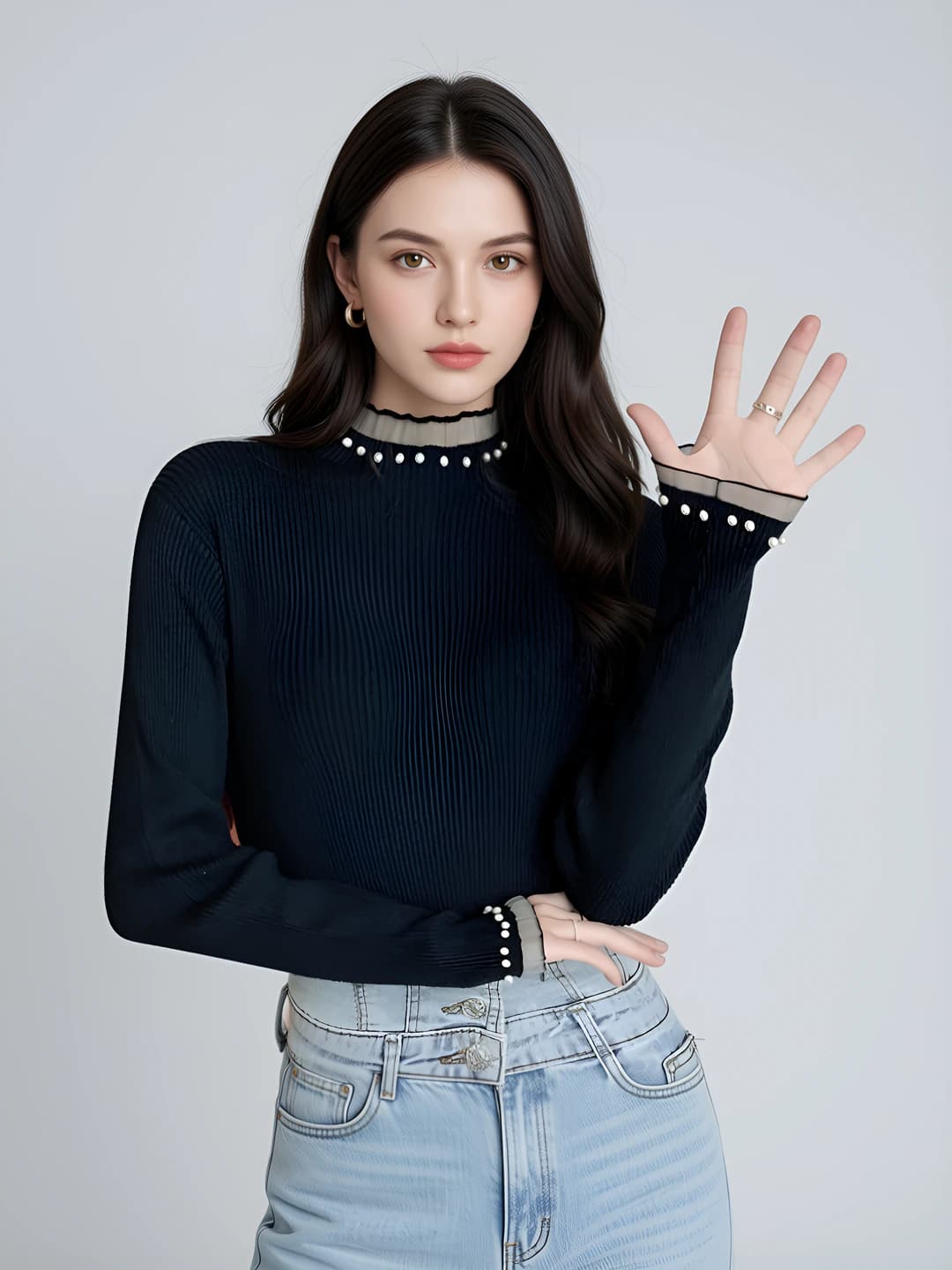 Women's slim fit mock neck knit sweater with lace and pearl details, long sleeve, solid colour