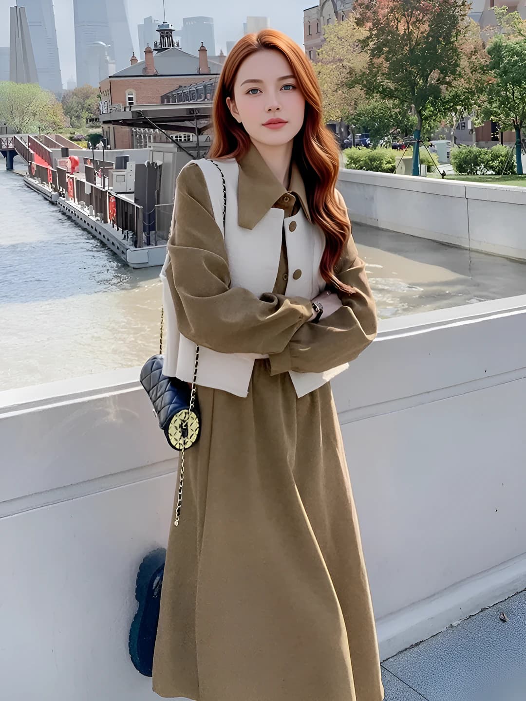 Women's autumn-winter 2026 set: long sleeve blouse and long A-line skirt, high waist, lapel collar, solid colour, slim fit