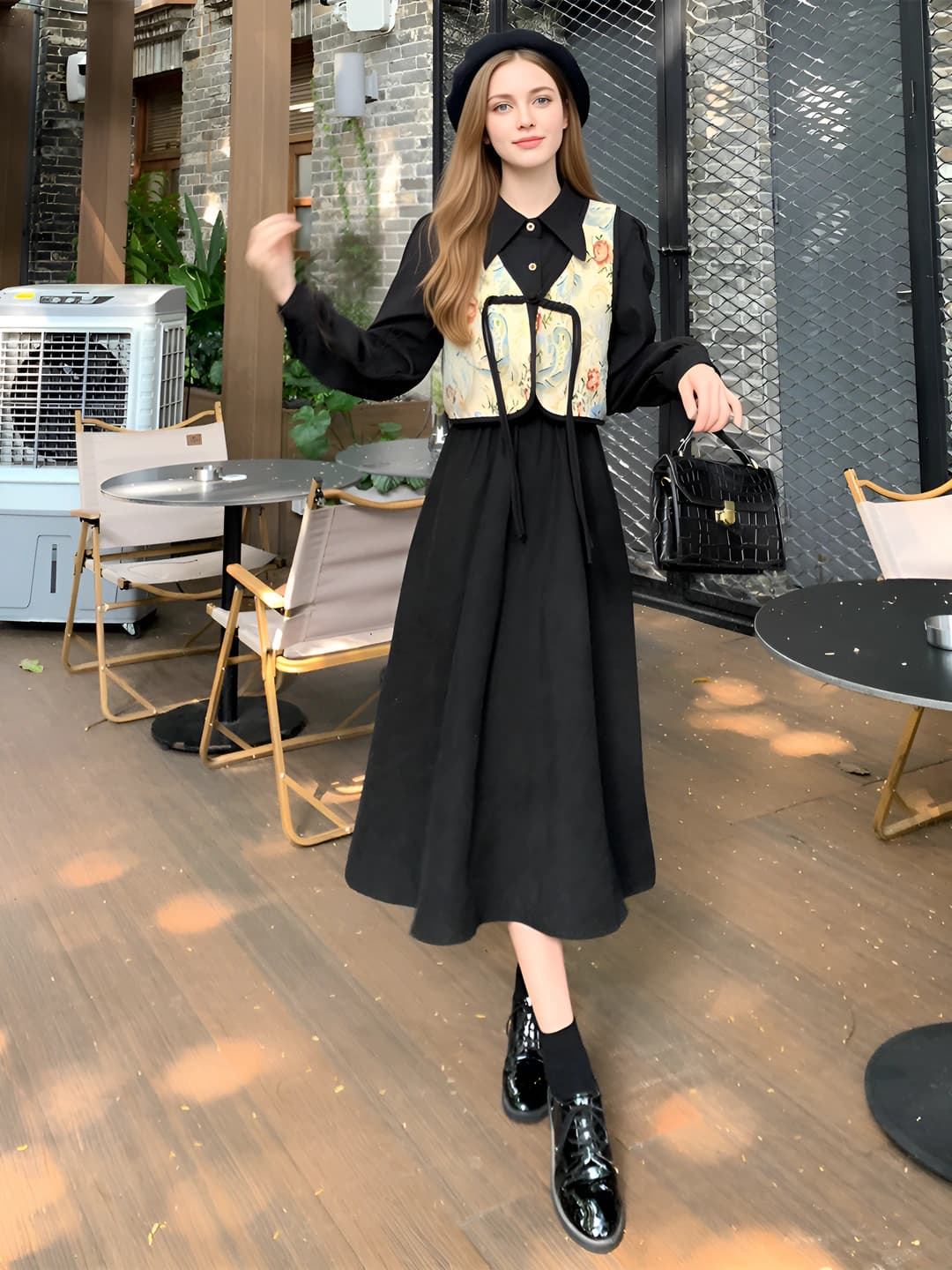 Black Chinese style vest 2-piece dress