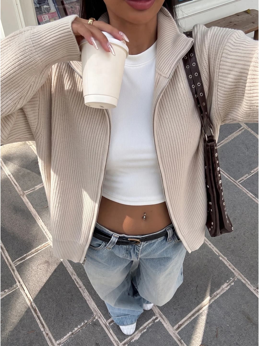 Women's zip-up ribbed knit cardigan with mock neck, thickened, cashmere blend, loose fit, long sleeve, solid colour, spring-autumn and autumn-winter