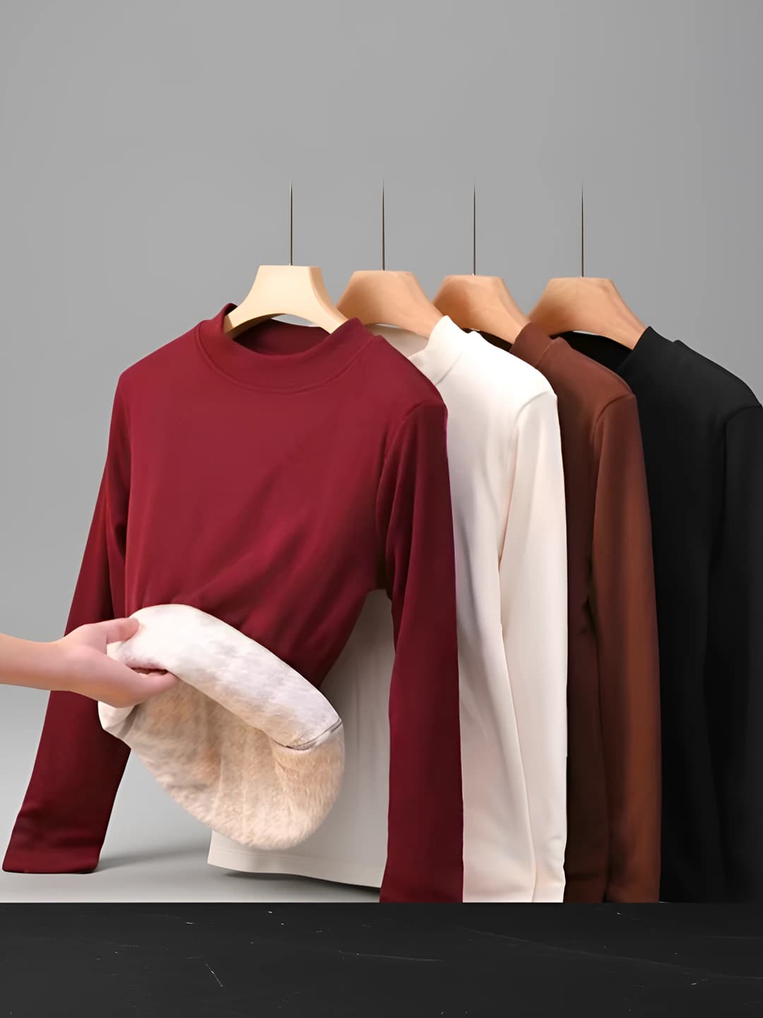 Women's fleece-lined thickened long-sleeve base top, 100% wool fill, winter, long sleeve