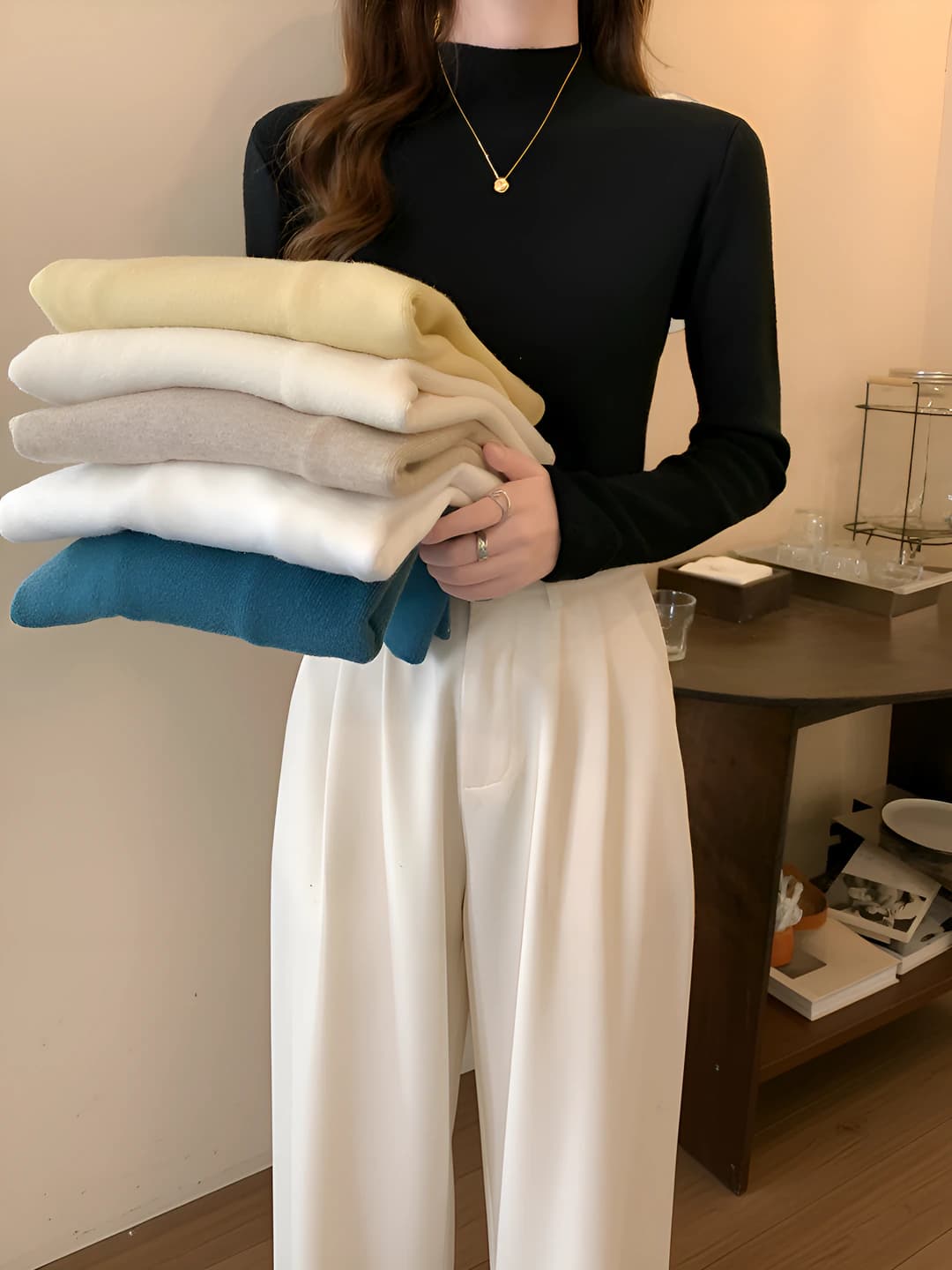 Women's black knit pullover sweater, mock neck, long sleeve, slim fit, autumn-winter
