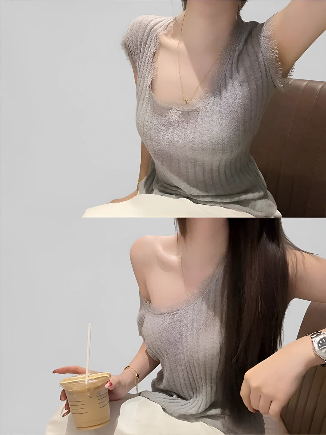 Women's summer lace patchwork U-neck short sleeve knit top, slim fit, slimming, casual style