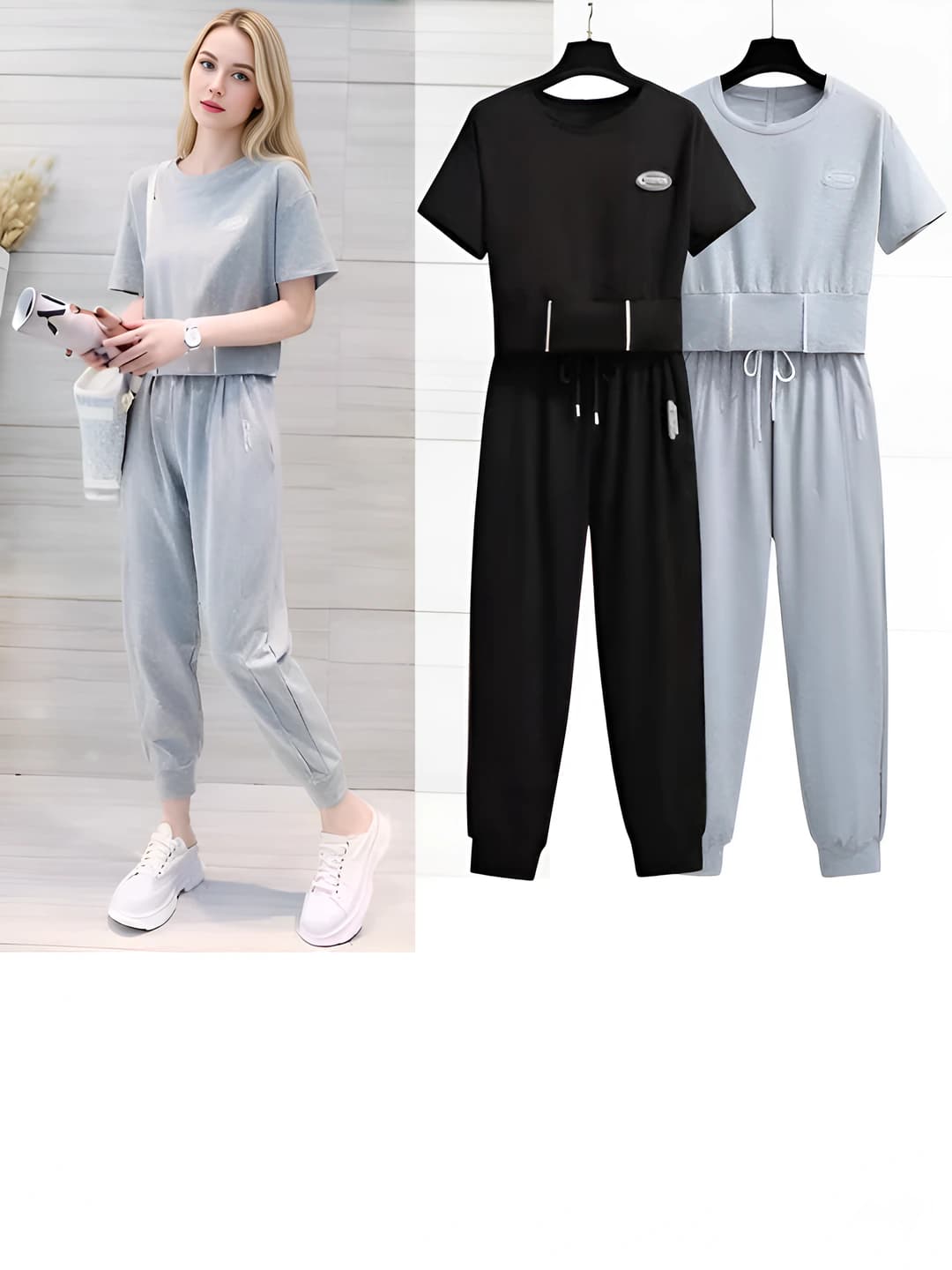 Women's 2026 summer Korean style sports suit: set of loose short sleeve t-shirt and ankle-length trousers