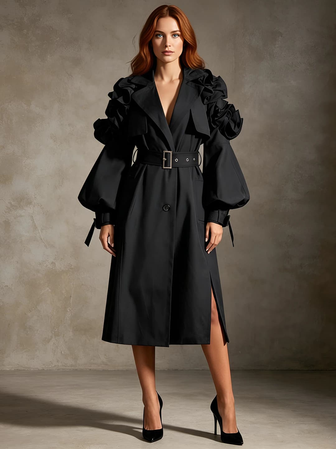 Women's 2026 trench coat: solid colour, medium thickness, waist-cinching fit, mid-length, blazer collar, long sleeve, puff sleeve, single-breasted two-button closure