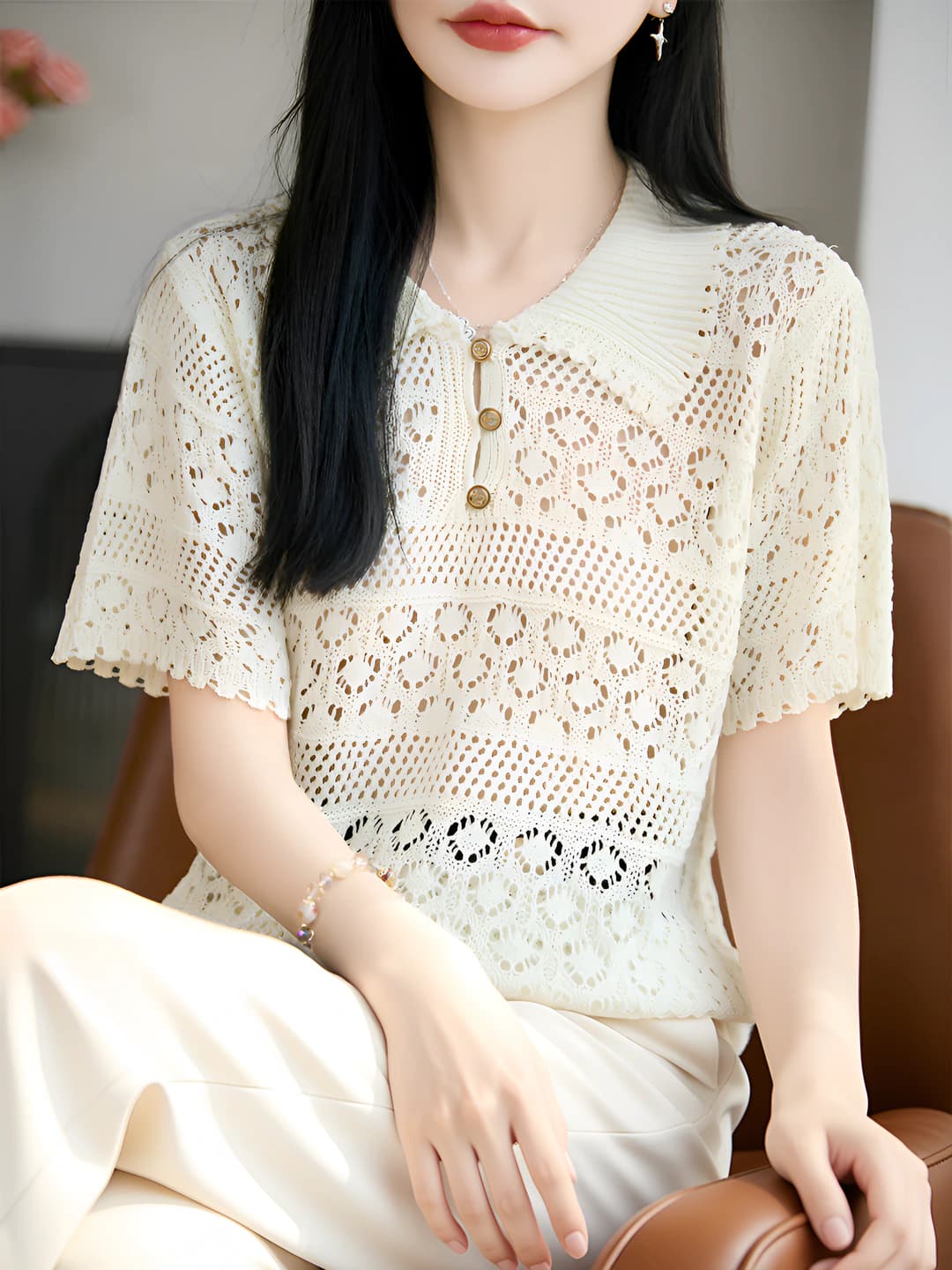 Women's 2026 spring-summer knit top, short sleeve, lapel collar, loose fit, slim fit, openwork, plaid pattern