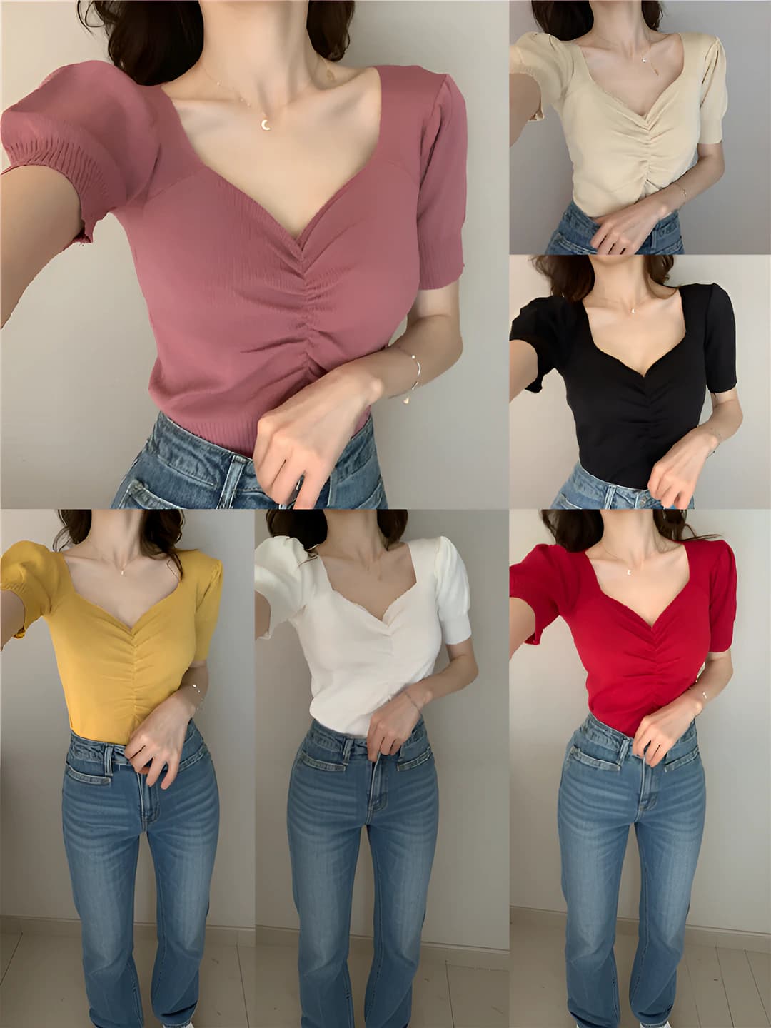 2026 summer women's retro knit top with V-neck, short sleeve, slim fit, cropped, Korean style
