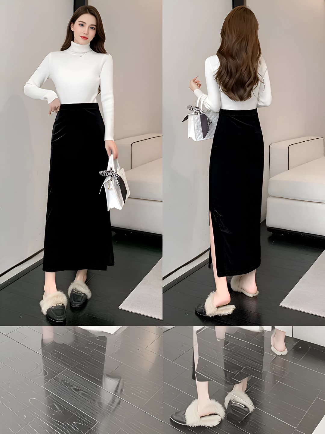 Women's early autumn velvet narrow pencil skirt, high waist, slimming, side slit, solid colour, elastic waist, straight cut, non-iron, micro-stretch, mid-length, polyester (30-50%), office style