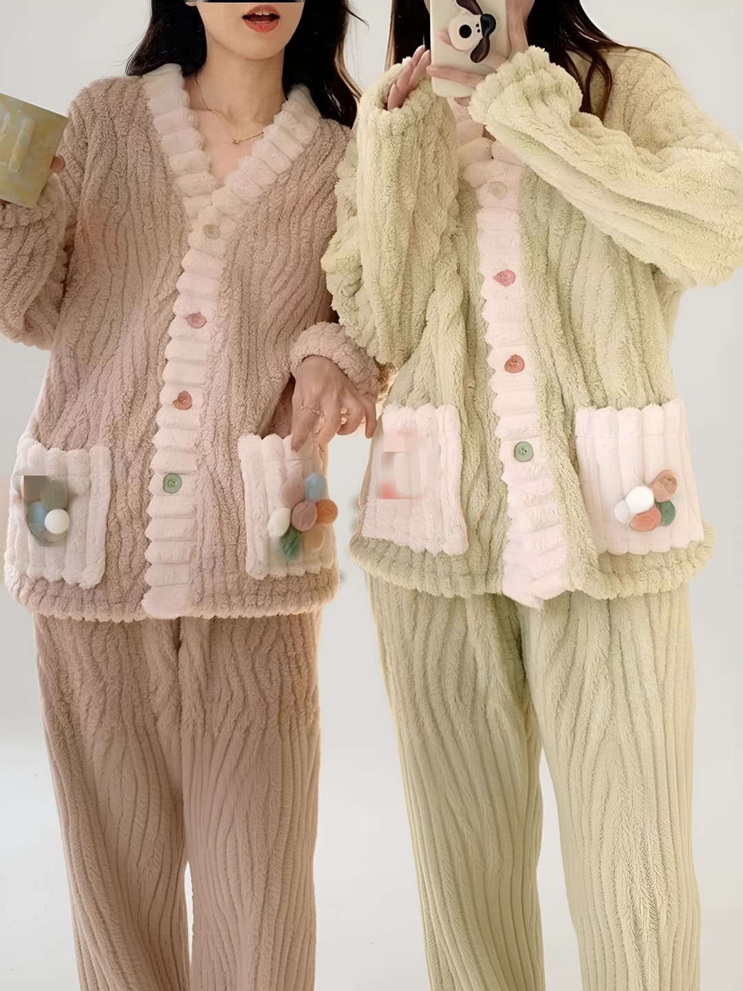 Women's autumn-winter flannel pajama set: thickened, warm, V-neck, long sleeve, trousers, button cardigan top and pants, loungewear