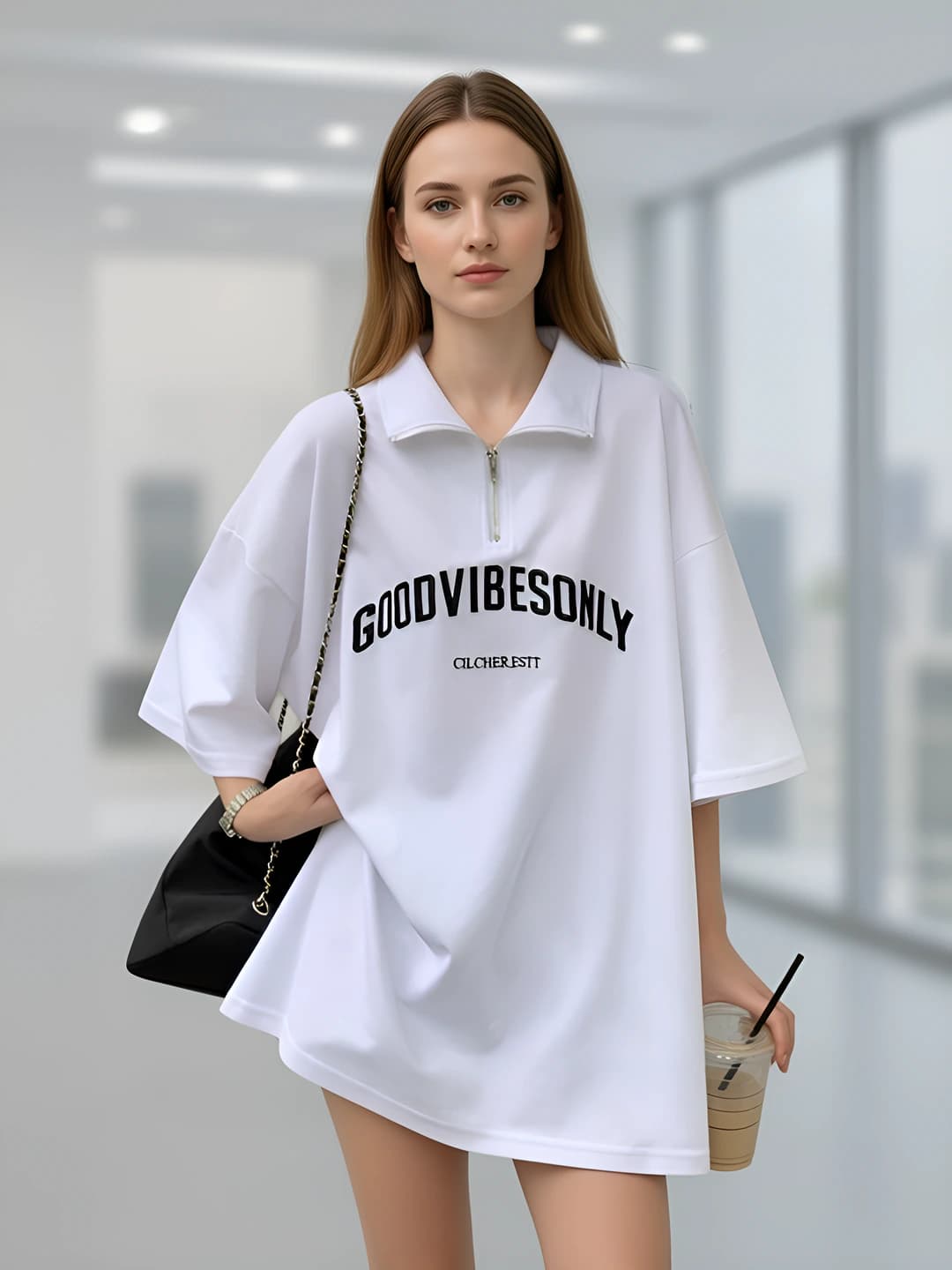 Women's short sleeve t-shirt with polo collar, casual style, loose fit, mid-length, printed, with zip