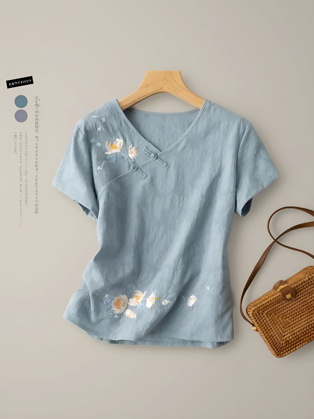 Women's plus size loose fit retro embroidered V-neck short sleeve t-shirt, main fabric composition linen, spring-summer