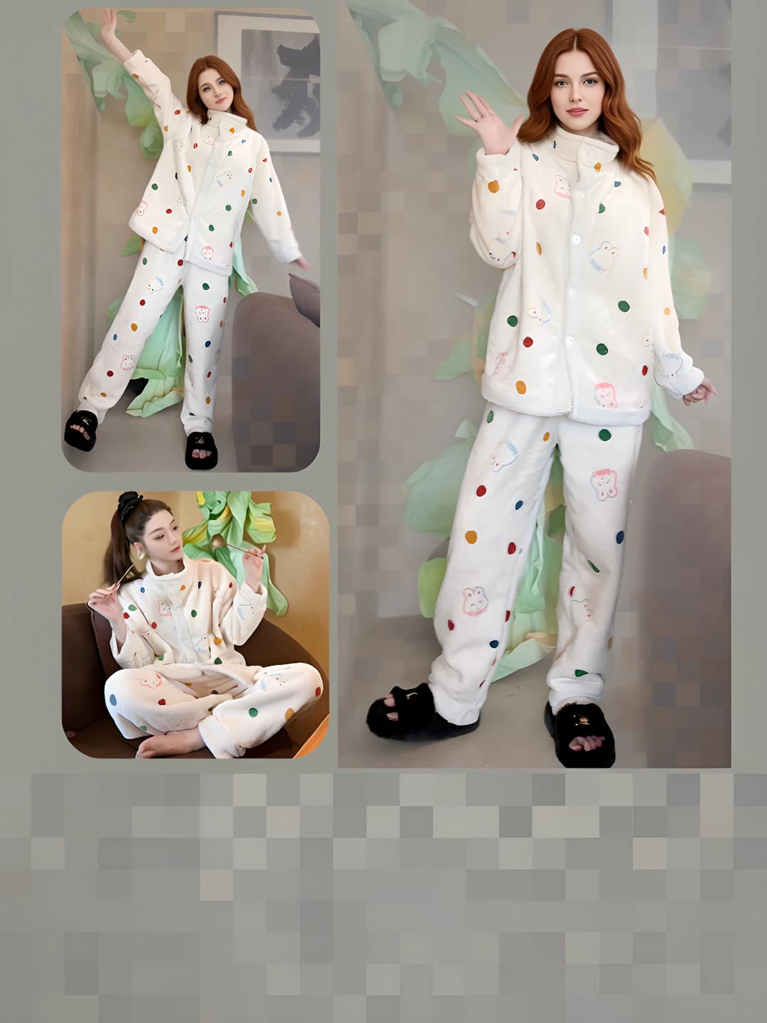 Women's autumn-winter 2026 warm loungewear set, thickened fleece-lined, stand collar, long sleeve, trousers, cartoon style