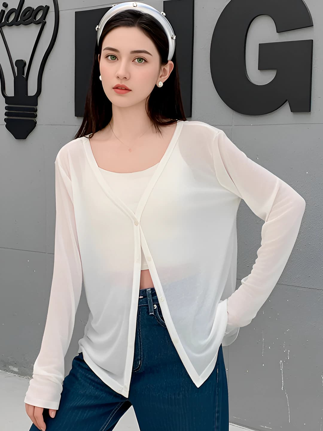 Ayollar uchun trikotaj kardigan, yozgi, yupqa, uzun yeng, quyoshdan himoyalovchi, bo'sh (oversize) kesim, bir rangli
