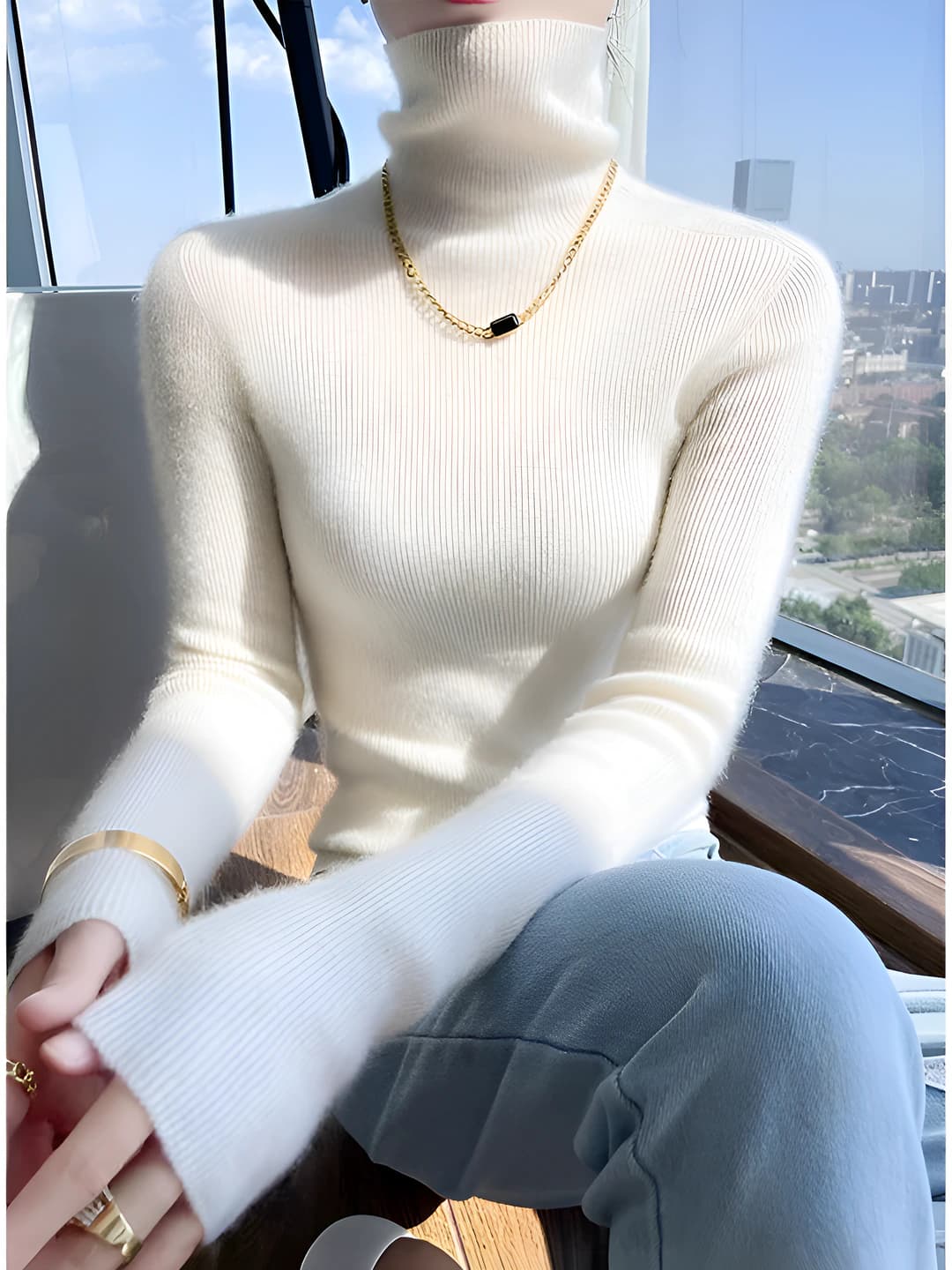 Ayollar uchun oq baland yoqa sviter, koreys uslubida, tanaga yopishgan, nozik ko'rsatadigan, kuz-qish uchun, uzun yengli, tik yoqa, bir rangli, knitted