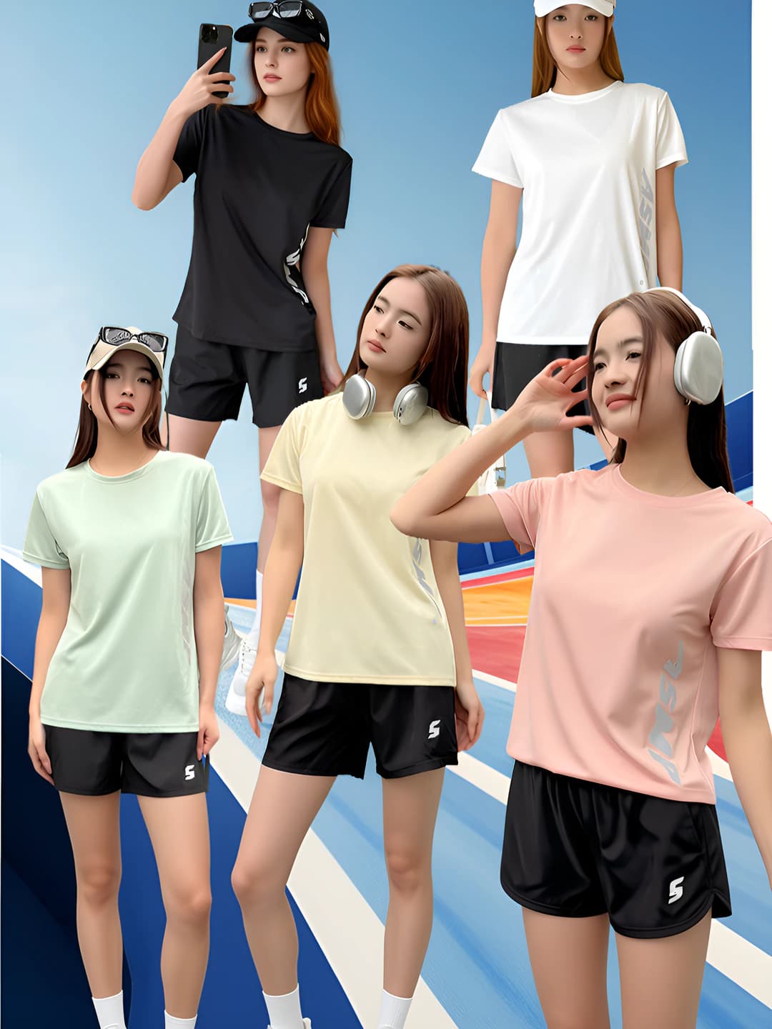 Ayollar uchun kundalik sport kostyumi: yupqa, havo o'tkazuvchan, ter shimadigan, bir rangli, bosma naqshli, dumaloq yoqa, kalta yeng, preppi uslub, T-shirt va shorts