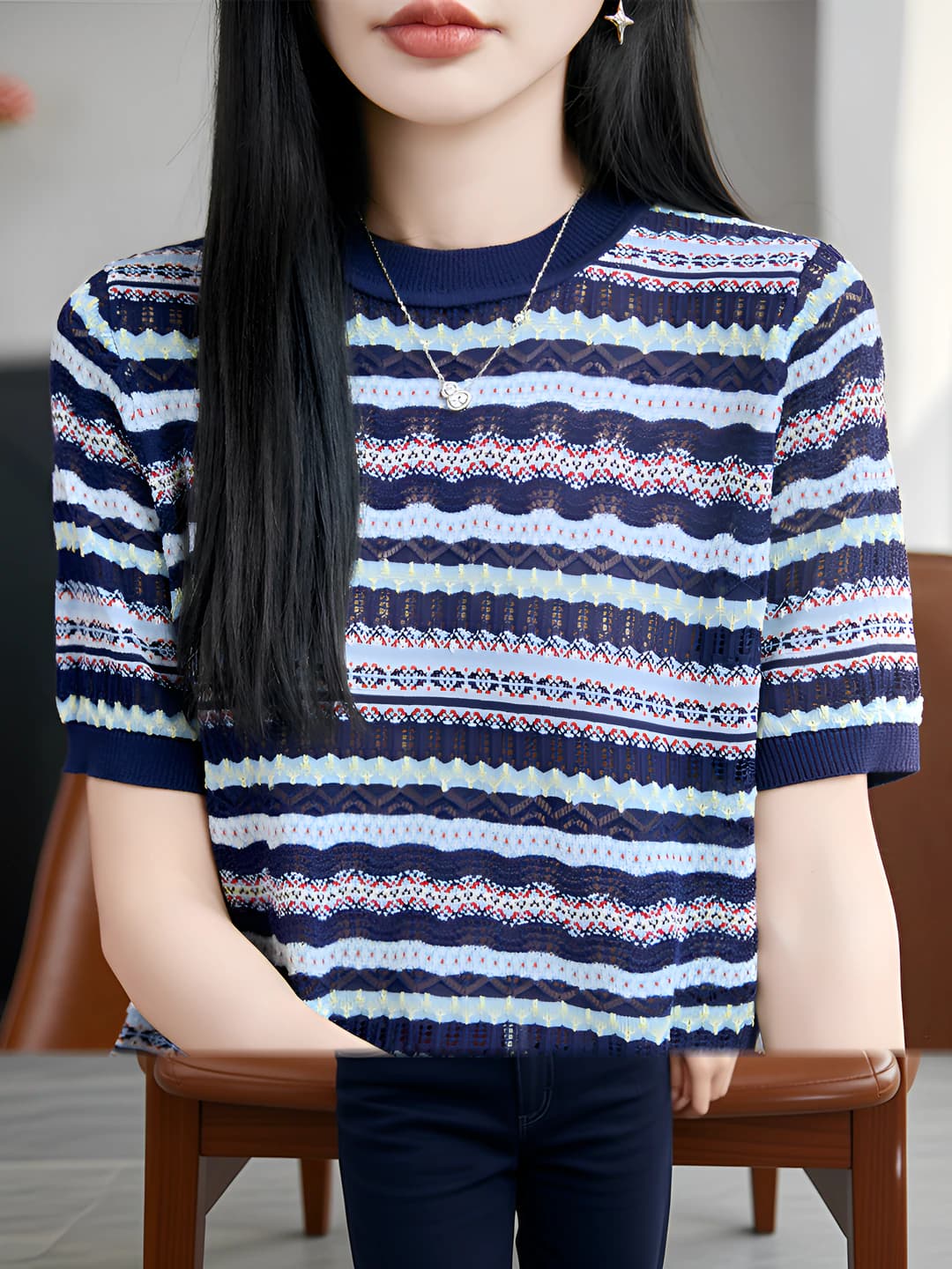 Женский вязаный топ: Tencel (Lisell) в полоску, круглый вырез, свободный крой, короткий рукав, лето, короткий, мягкий, вязаный топ